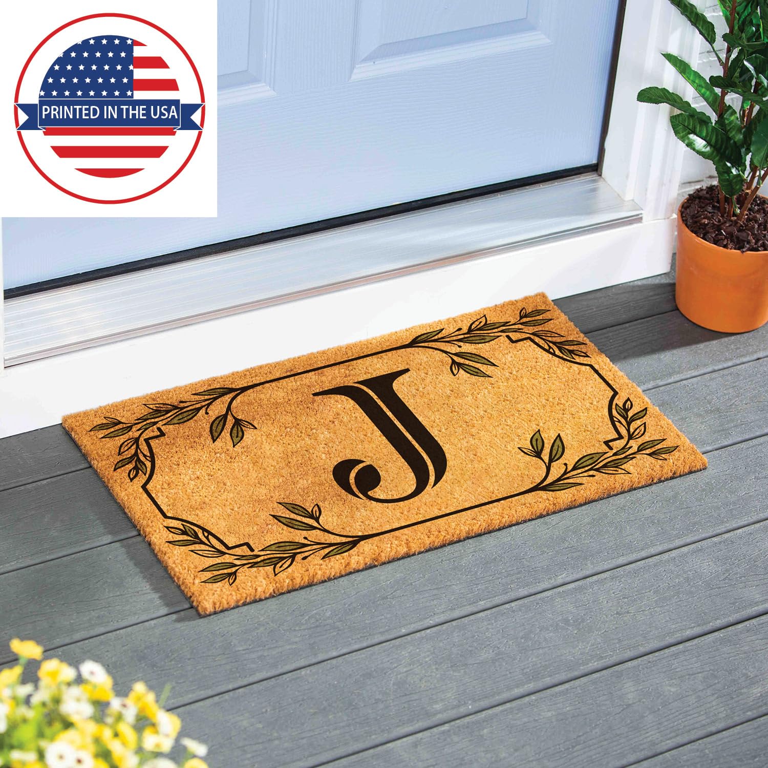 Evergreen Monogram Coir Doormat | Letter J | Front Door Mat For Outdoor Indoor Entrance | 28X16 Inches | Non-Slip Backing Doorwa