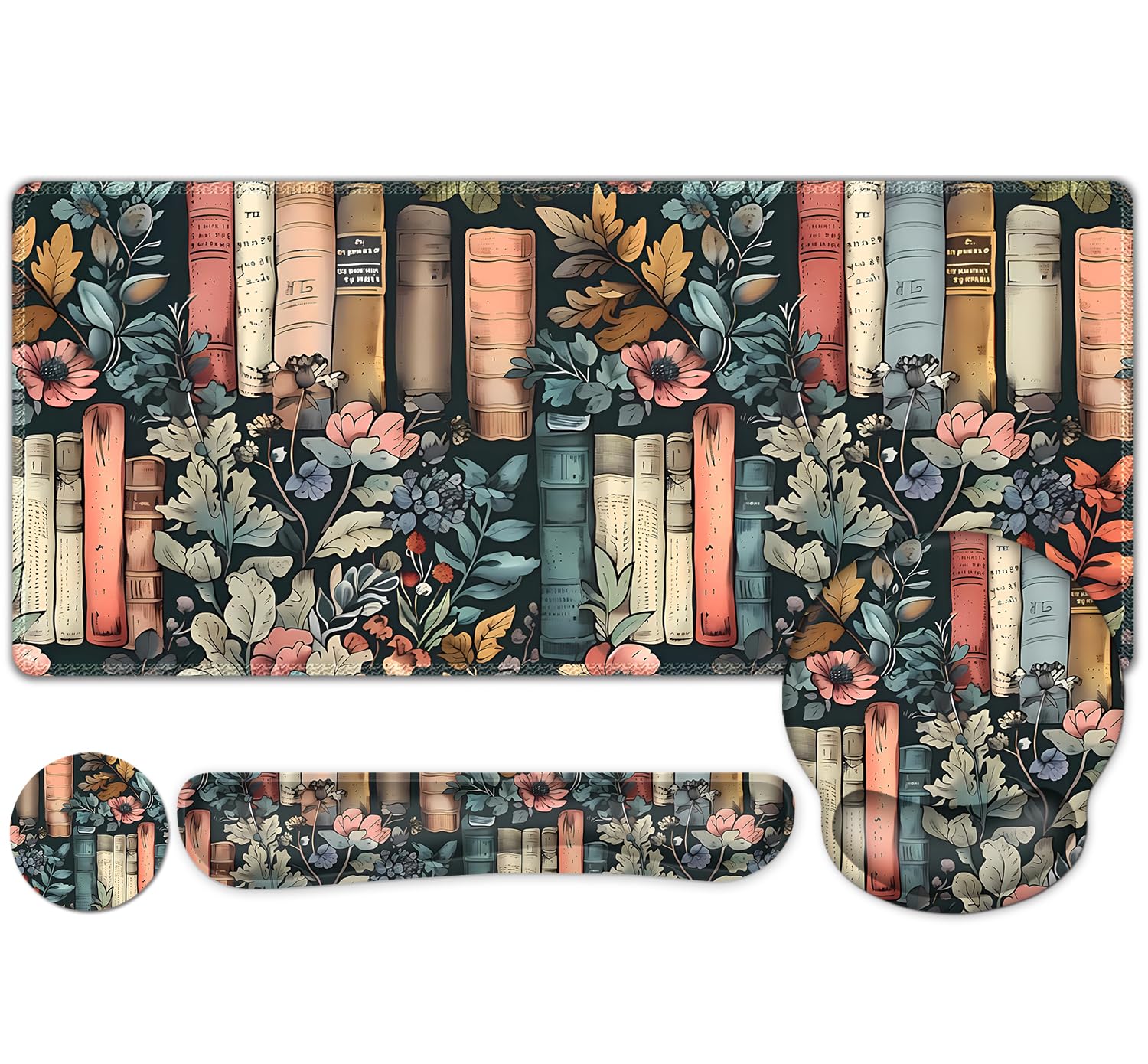 Nature Aesthetic Florals Books Mouse Pad, XXL Large Desk Mat Extended Reading Desk pad, 4PCS Non-Slip Rubber Base Computer Big M