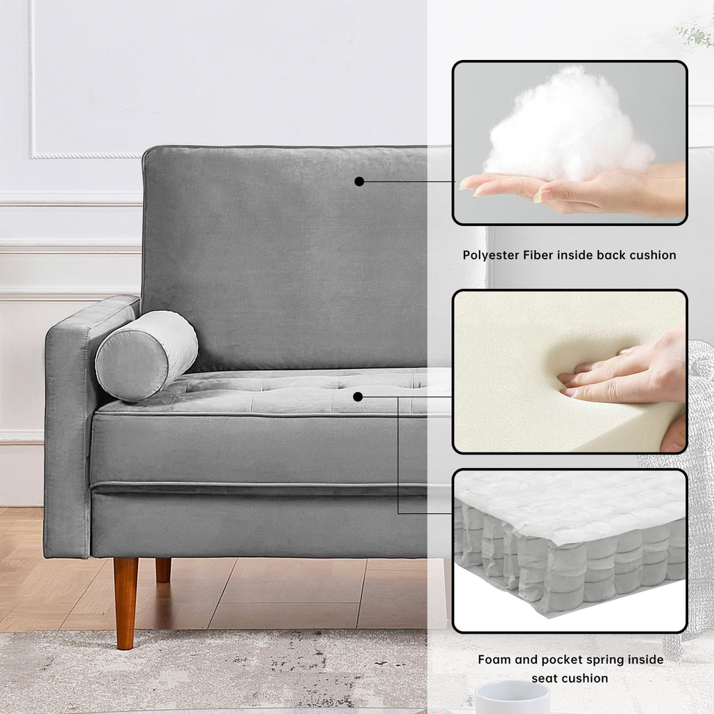 American Furniture Classics Grey 69 Inch Wide Upholstered Two Cushion Sofa with Bolster Pillows Velvet, 68" x 32" x 37"