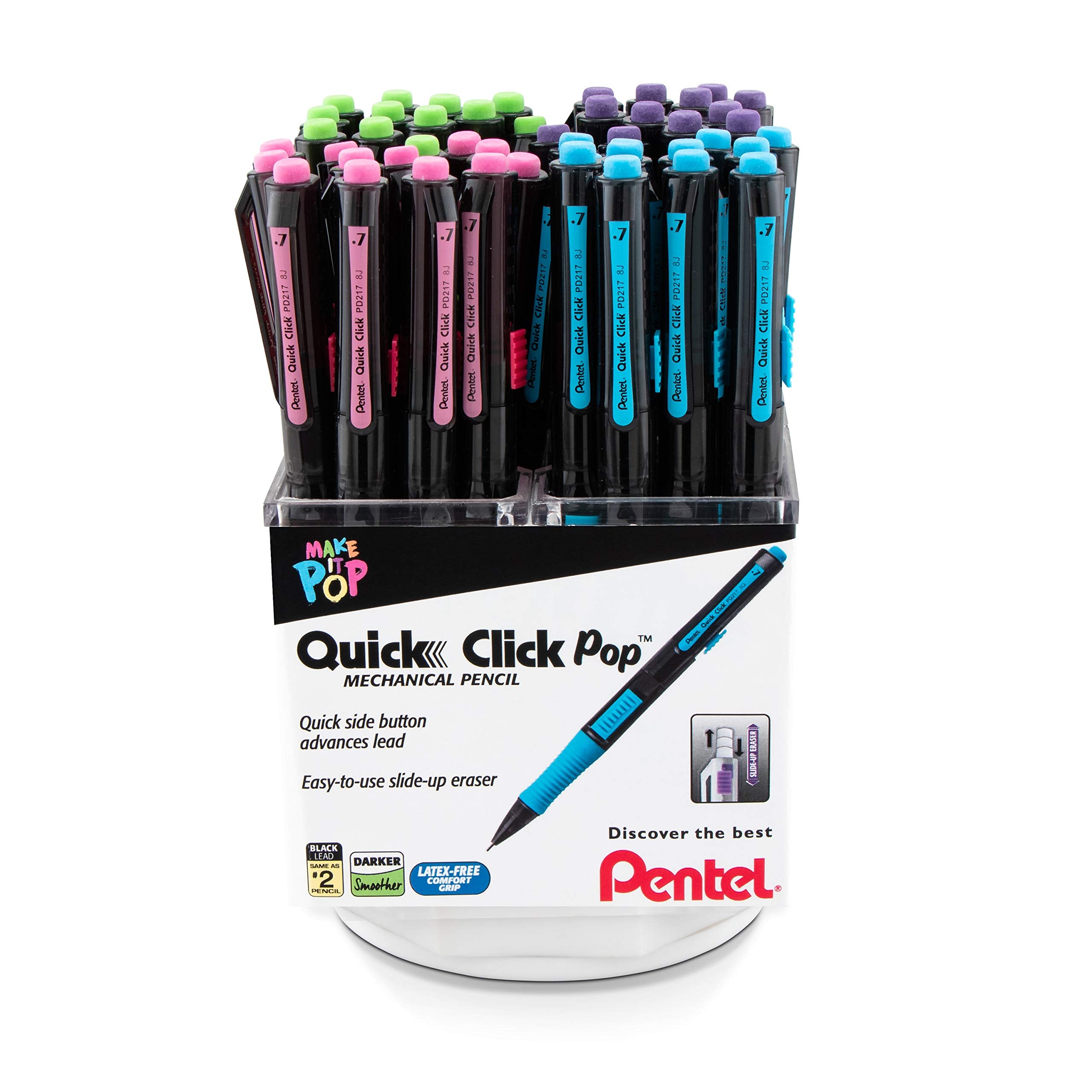 Pentel Quick Click Pop Mechanical Pencil, (0.7Mm) Med. Line, Assorted Barrels, Spinner Display - 42 Pieces (Pd217A-42)