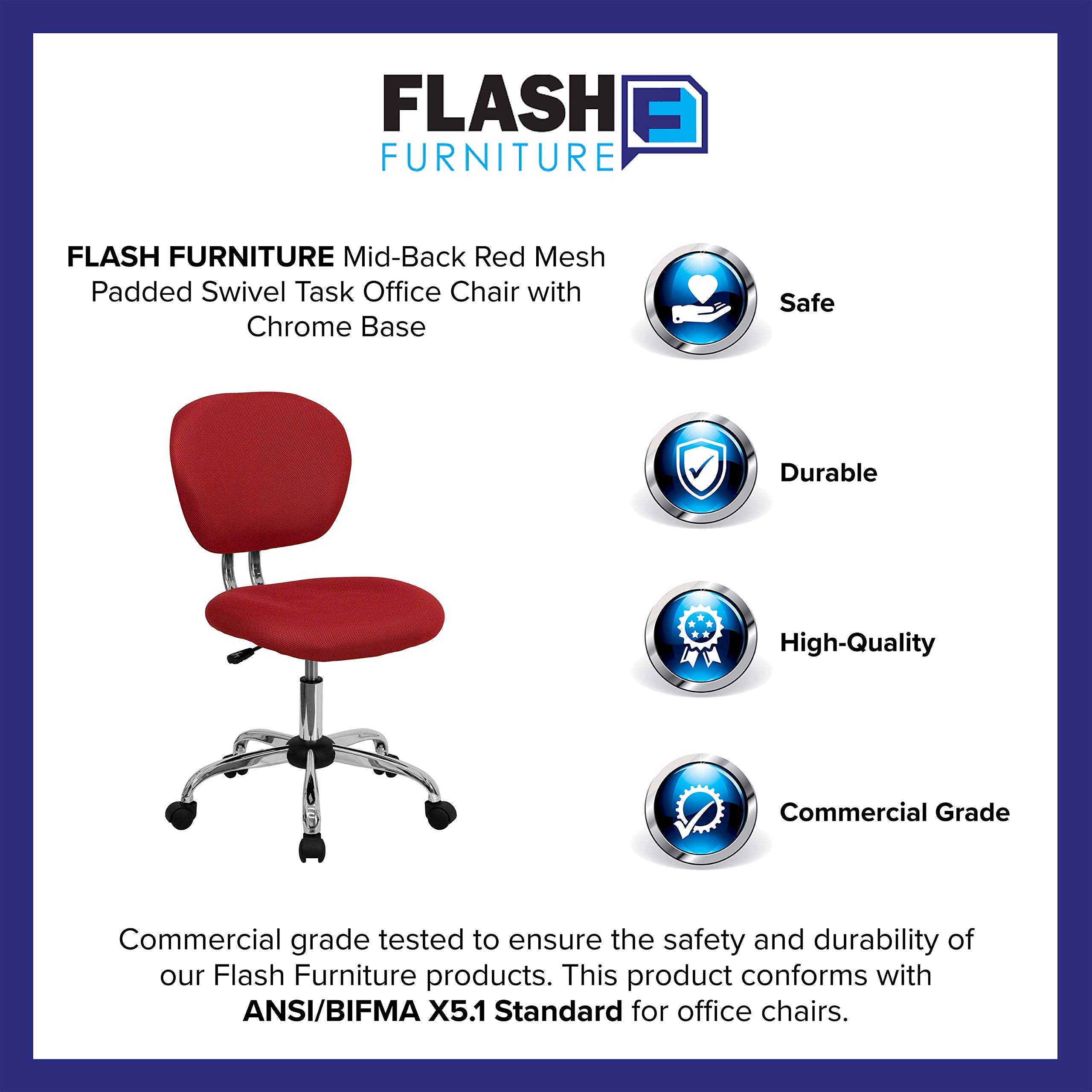 Flash Furniture Beverly Mid-Back Red Mesh Padded Swivel Task Office Chair with Chrome Base