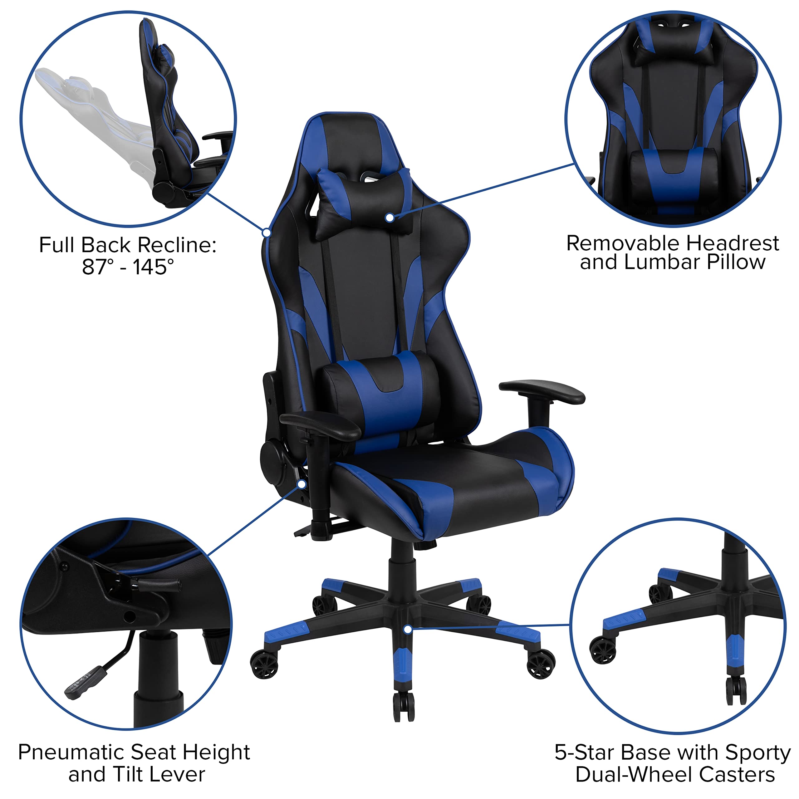 Flash Furniture Gaming Desk And Blue/Black Reclining Gaming Chair Set /Cup Holder/Headphone Hook/Removable Mouse Pad Top - Wire Management