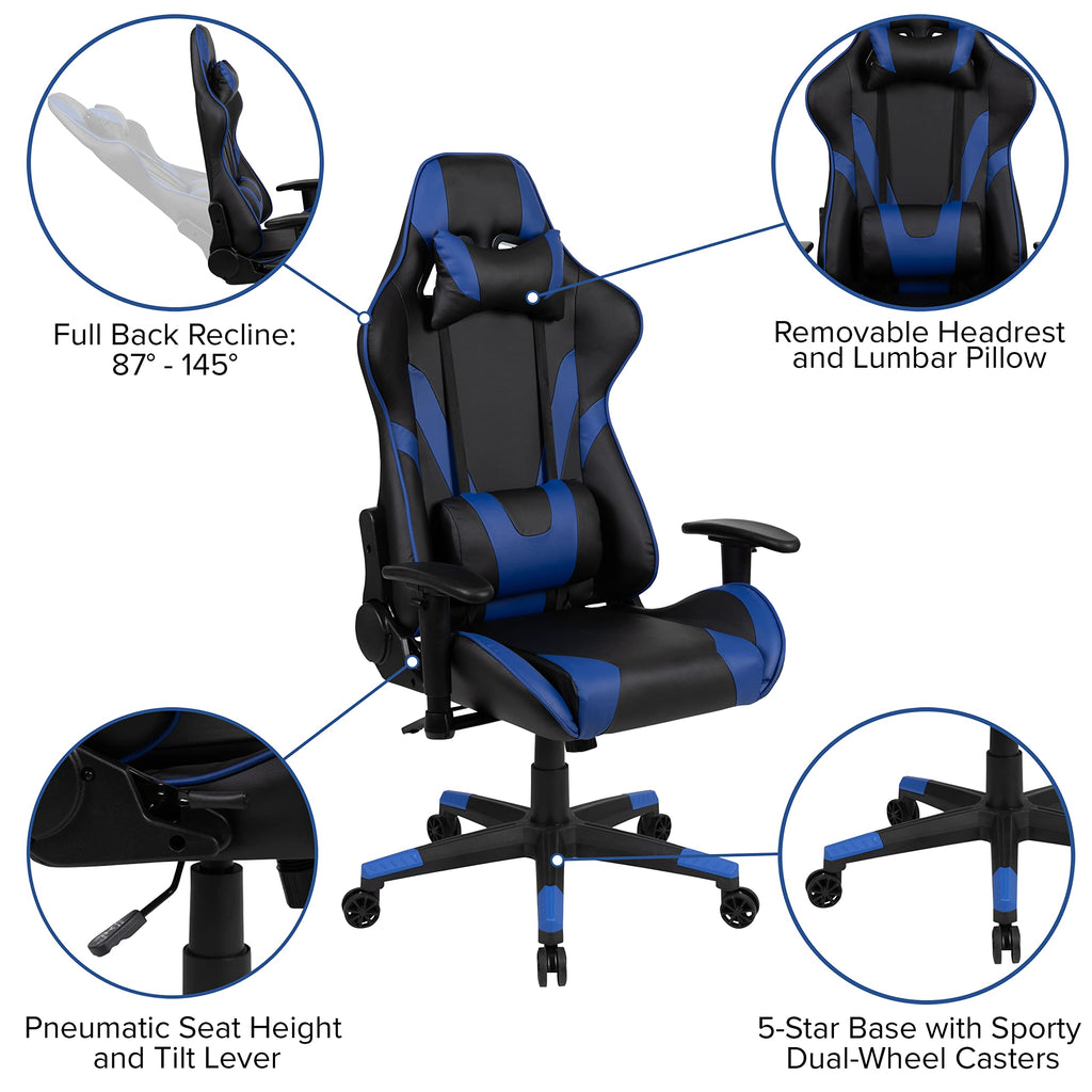 Flash Furniture Gaming Desk And Blue/Black Reclining Gaming Chair Set /Cup Holder/Headphone Hook/Removable Mouse Pad Top - Wire Management