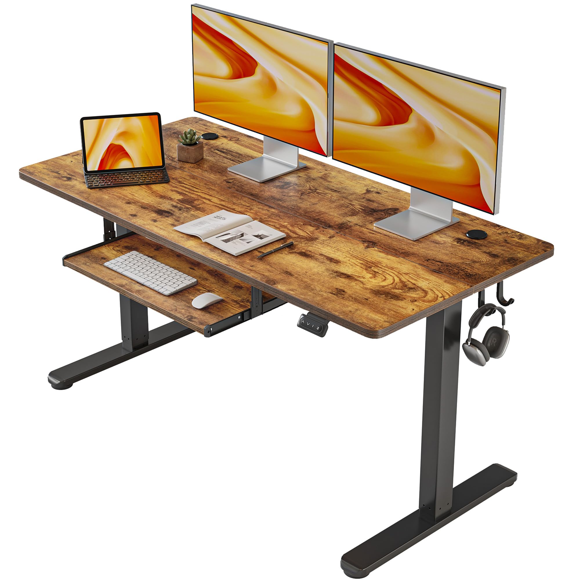 Fezibo Standing Desk With Keyboard Tray, 55 × 24 Inches Electric Height Adjustable Desk, Sit Stand Up Desk, Computer Office Desk, Rustic Brown