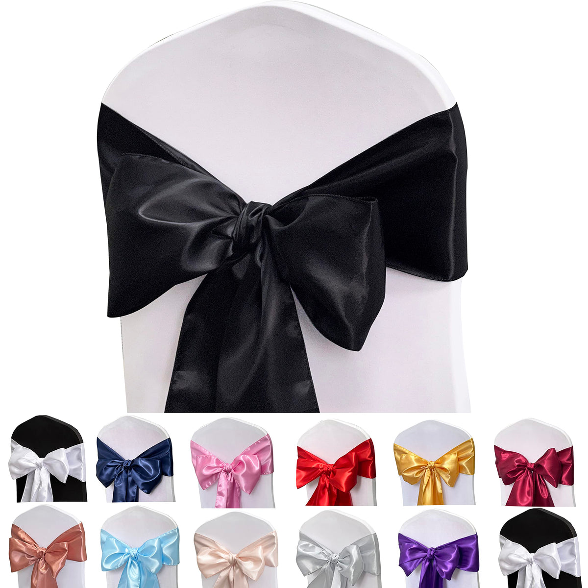 Maiangel Satin Chair Sashes Bows-12Pcs Chair Ribbon Ties Back Sash For Wedding Party Events Banquet Chair Cover Decoration (Blac