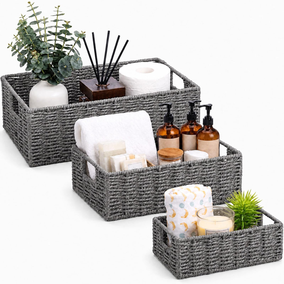 3 Pcs Wicker Storage Basket for Organizing Paper Rope Shelf Baskets, Grey