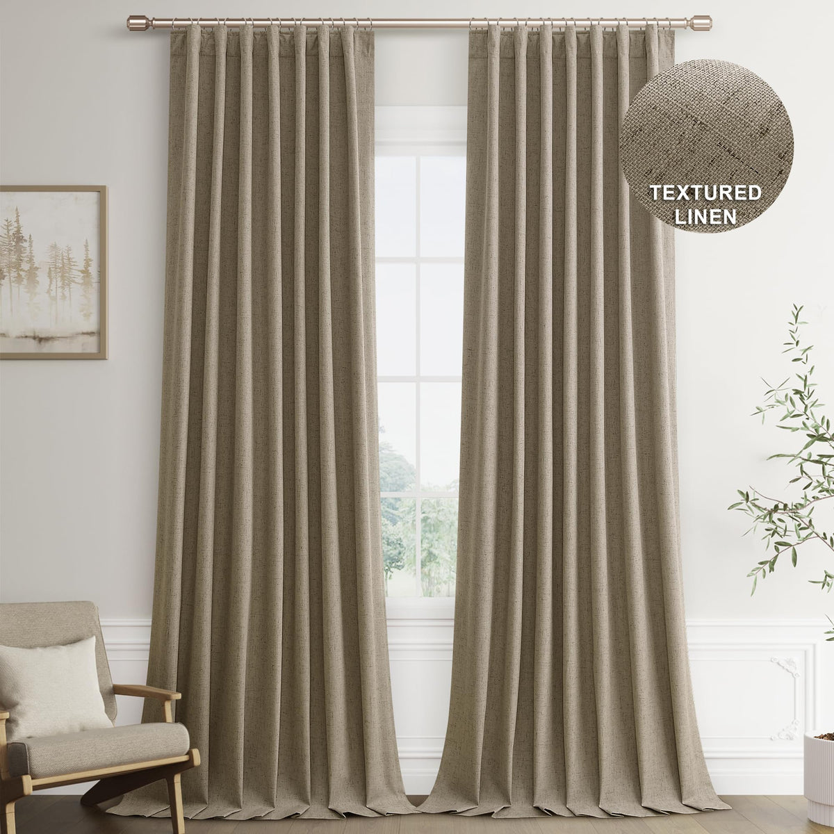 Joywell Light Taupe Linen 100% Blackout Curtains 108 Inch Long, Rod Pocket/Back Tab/Hook Belt/Clip Rings,Thermal Insulated Drapes For Bedroom Living Room With Hooks,2 Panels,52 X 108