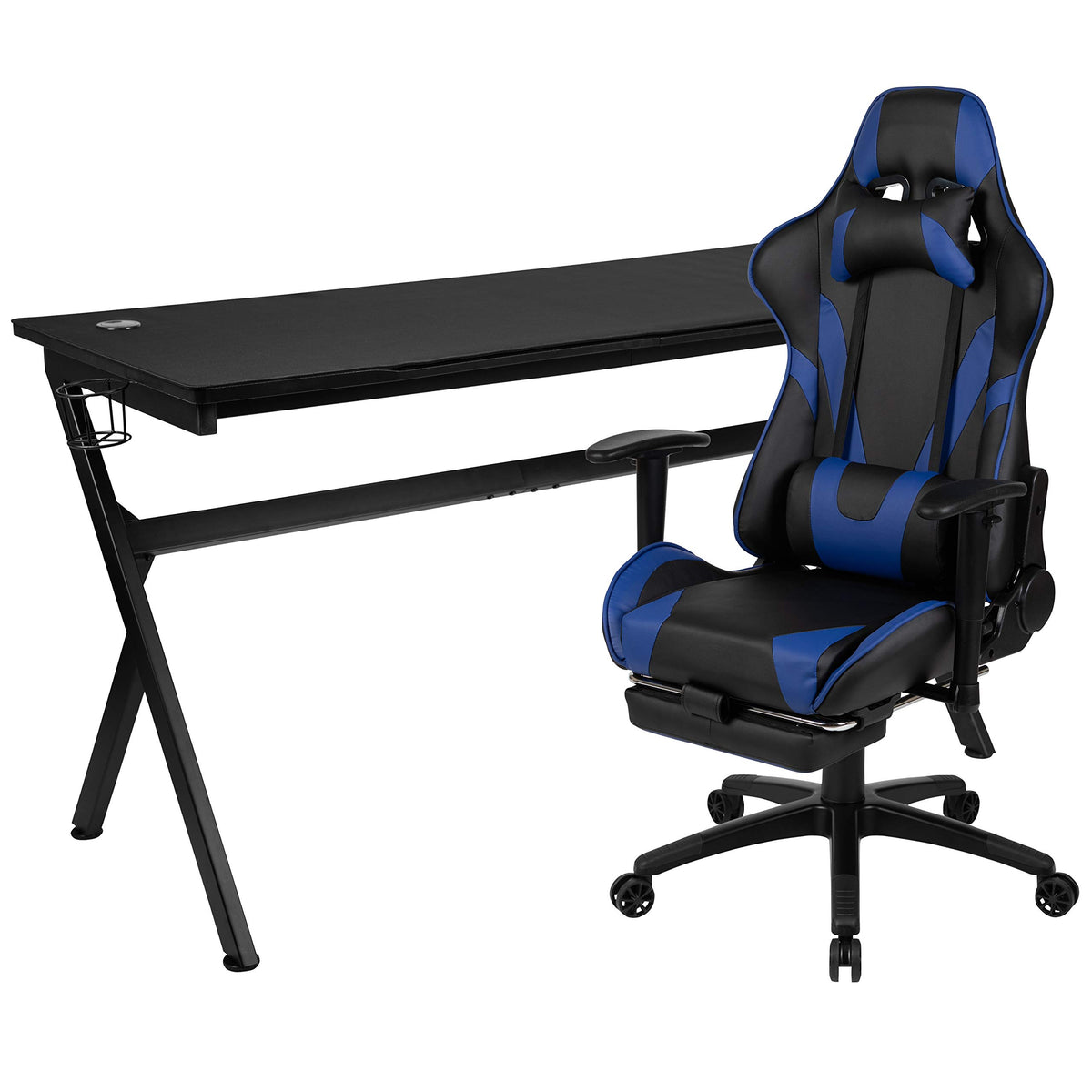 Flash Furniture Optis Gaming Desk And Blue Footrest Reclining Gaming Chair Set - Cup Holder/Headphone Hook/Removable Mouse Pad Top/Wire Management