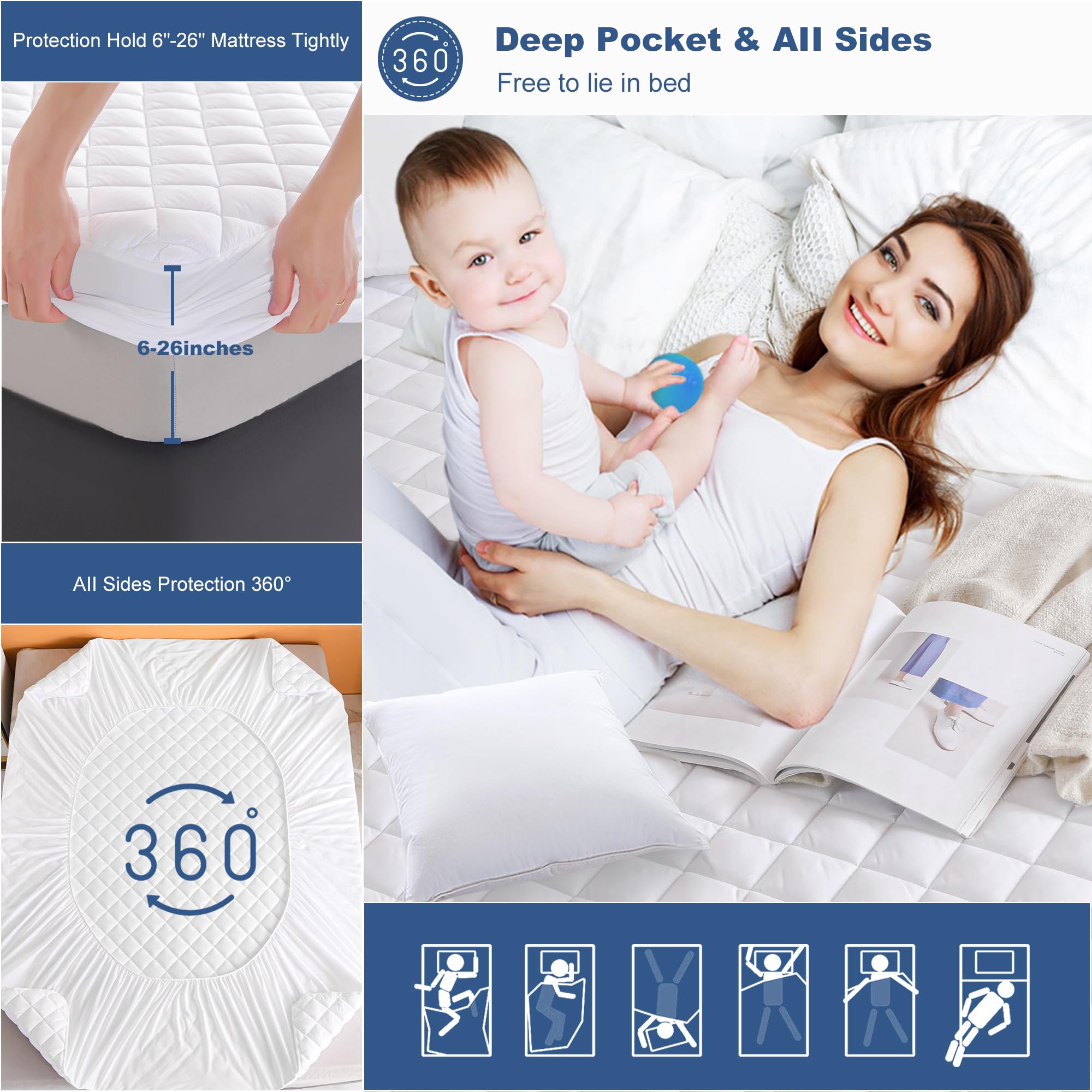 Grt Rv King Size Quilted Fitted Mattress Pad, 100% Waterproof Breathable Mattress Protector, Noiseless Hollow Cotton Mattress To