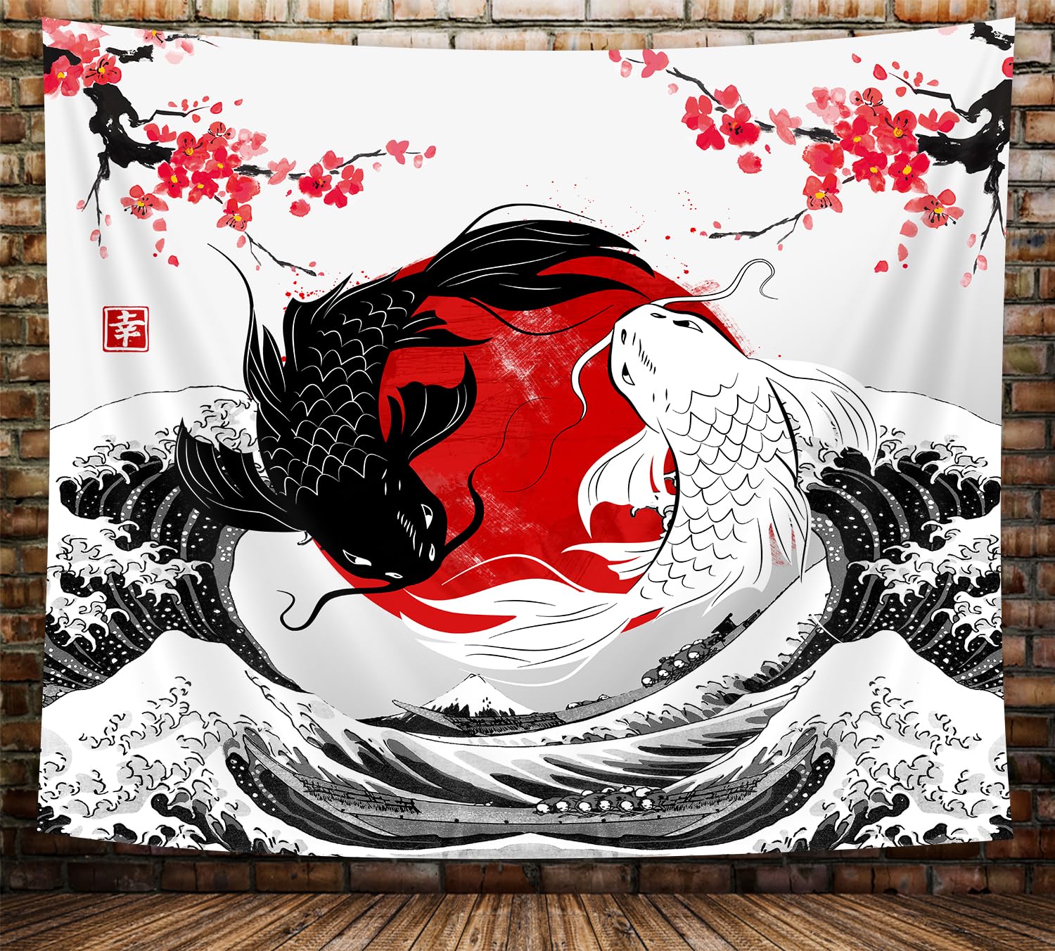 Nymb Japanese Anime Tapestry, Black And White Yin Yang Koi Fish Tapestry For Bedroom Aesthetic, Asian Wave Cherry Blossom Tapest