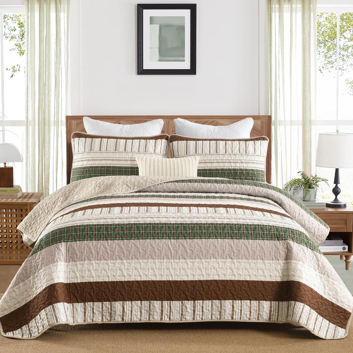Djy Striped Quilt Set Twin Size, Boho Brown Green Striped Bedspread Coverlet Set Soft Microfiber Patchwork Quilt Bedding Set 3 P