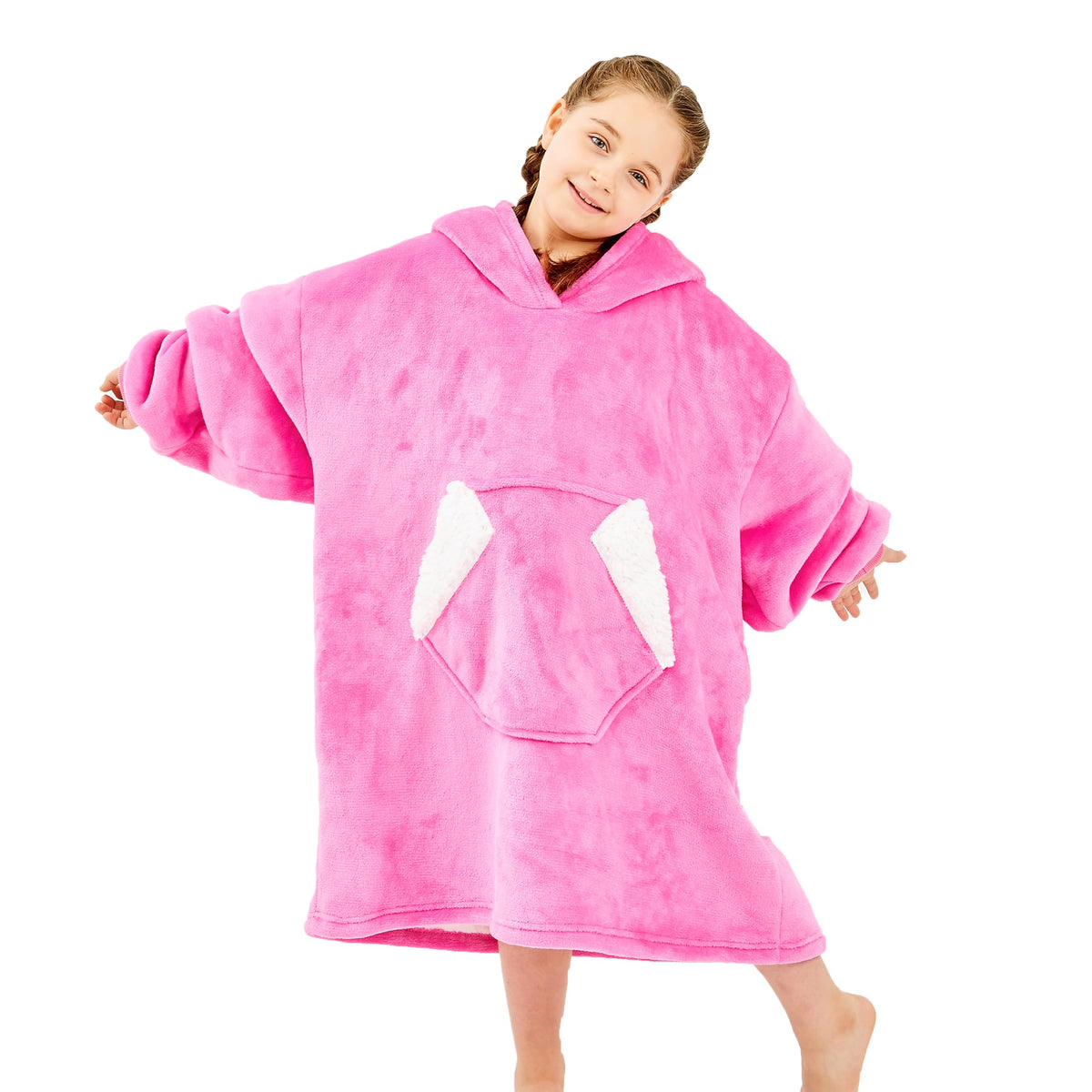Ramees Wearable Blanket Hoodie For Kids, Sherpa Oversized Sweatshirt Blanket Flannel With Hood Pocket And Sleeves (Pink)