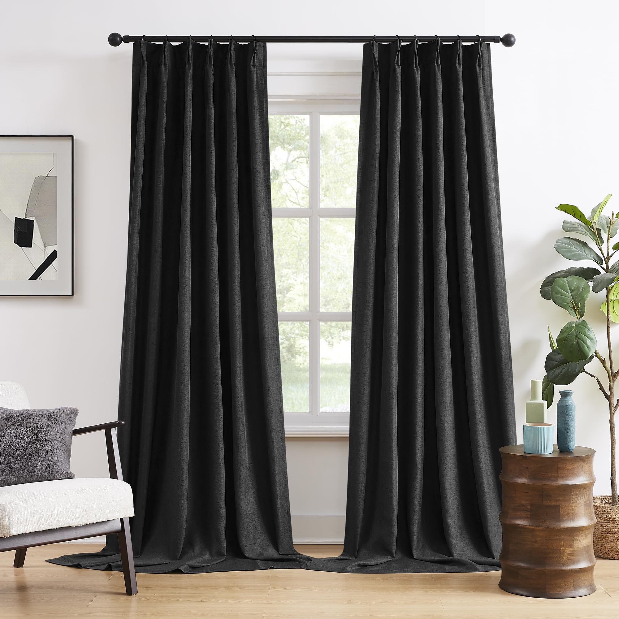 DUALIFE Pinch Pleated Blackout Cabin & Drapes 100 Inch Length with Hooks for Track System, Blackout Thermal Insulated Window Cur