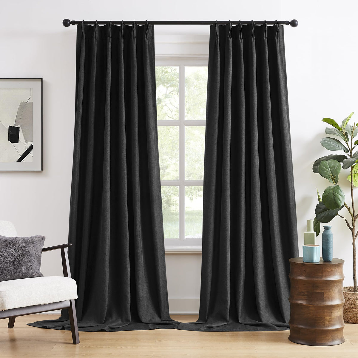 Dualife 2 Panels Pinch Pleated Blackout Curtains, Back Tab With Hooks, Extra Long Black Curtains/Drapes 132 Inch Length 11 Ft,Th