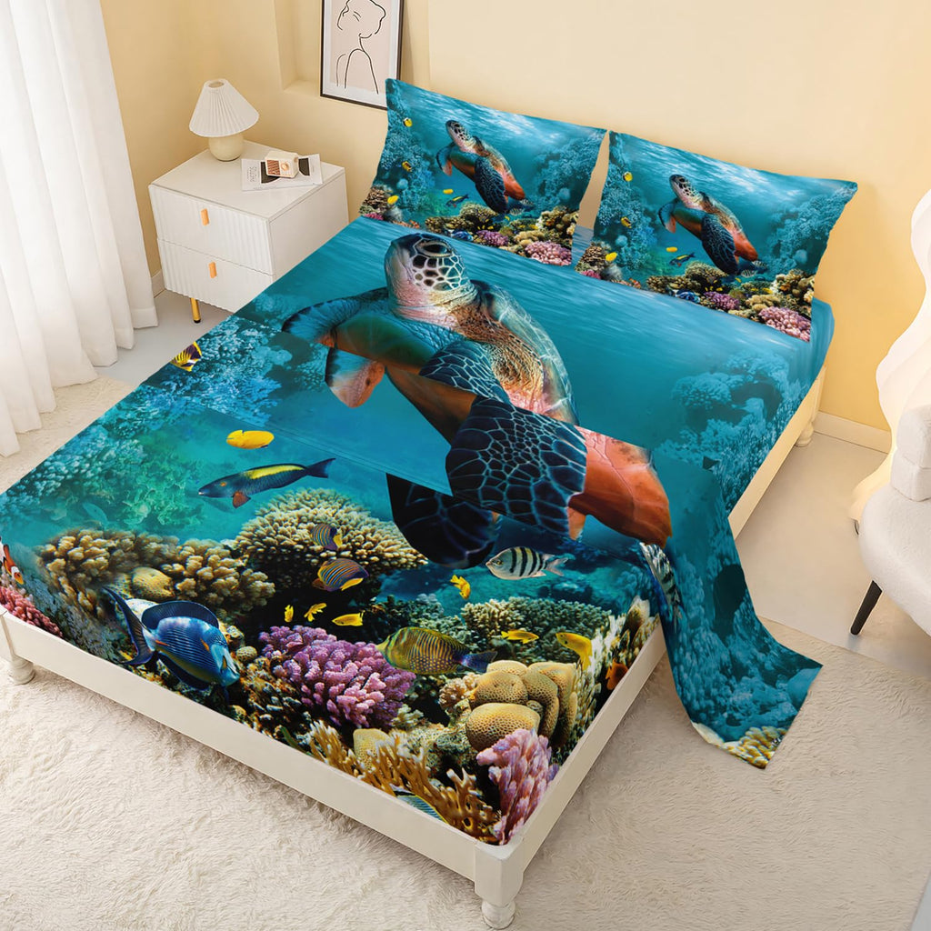 CVHOUSE Sea Turtle Fitted Sheet,Ocean Bed Sheet Set Twin Size,Turtle Bedding Set for Boys Kids Girls,1 Flat Sheet & 1 Fitted She