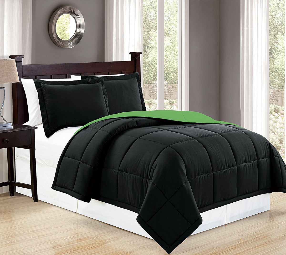 Mk Collection Down Alternative Comforter Set 2Pc Twin Reversible Black/Lime Green New