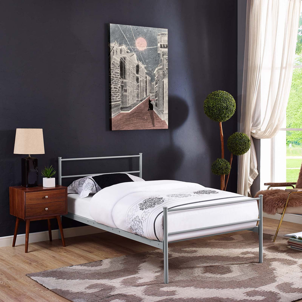 Modway Alina Platform Stainless Steel Metal Twin Size Bed Frame With Headboard In Gray