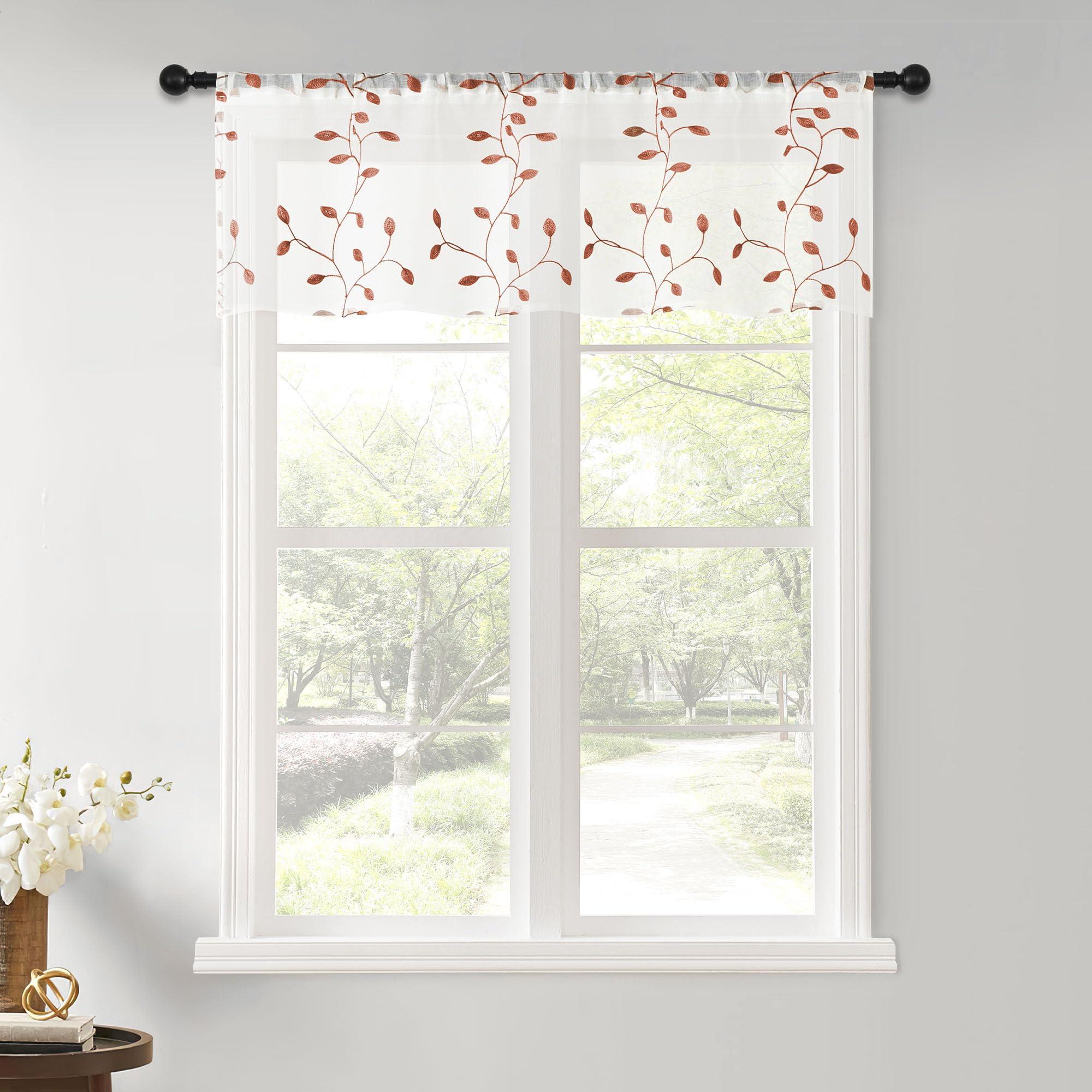 Mrtrees Sheer Christmas Curtain Valance, 2 Panels Voile Leaves Embroidered Valance Curtains Rod Pocket, 54X16 Inches Short Windo
