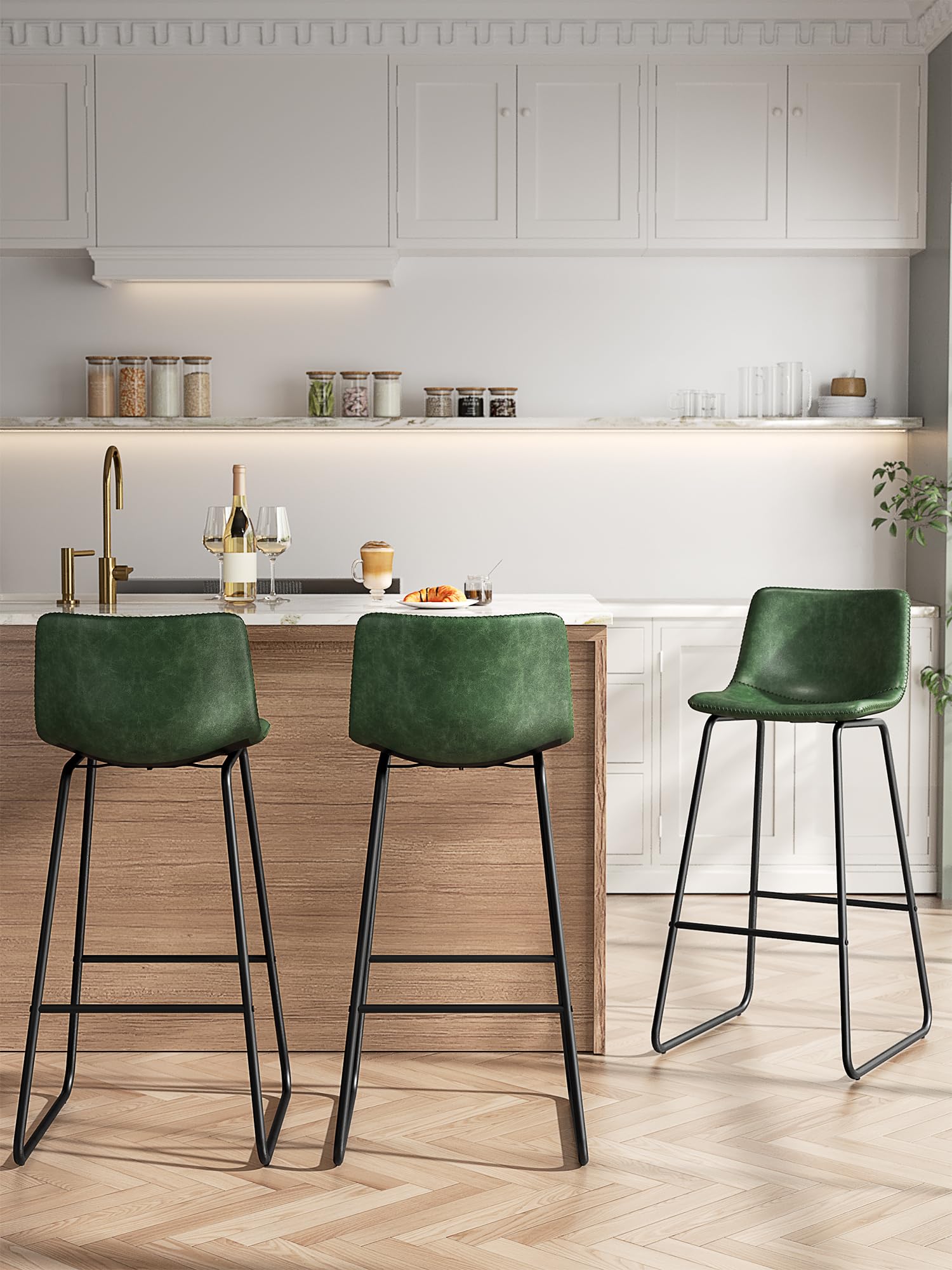 Aowos Bar Stools Set of 3, 30 Inches Counter Height Bar Stools with Back, Modern Faux Leather Barstools with Metal Legs and Foot