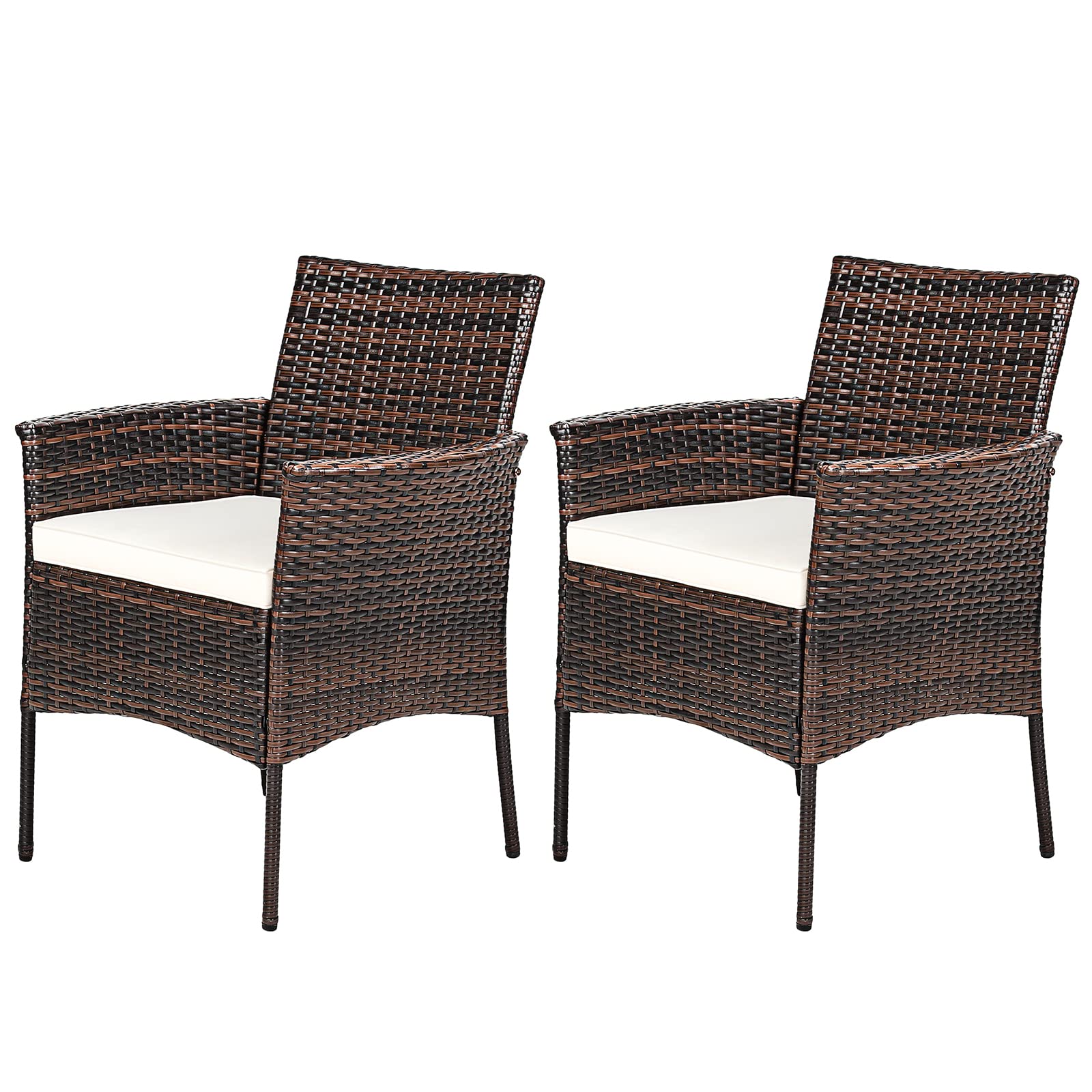 Relax4Life Wicker Patio Chairs Set Of 2, Indoor Outdoor Pe Rattan Armchairs W/Cane Back, Seat Cushions For Bistro Porch Poolside, 360Lbs Weight Capacity, 2 Pack Outdoor Dining Chairs (2, Brown+Beige)
