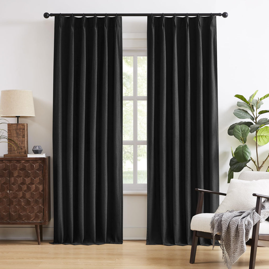 DUALIFE Black Pinch Pleated Blackout Curtains 90 Inch Long for Bedroom, Back Tab with Hooks for Track System, Thermal Insulated 