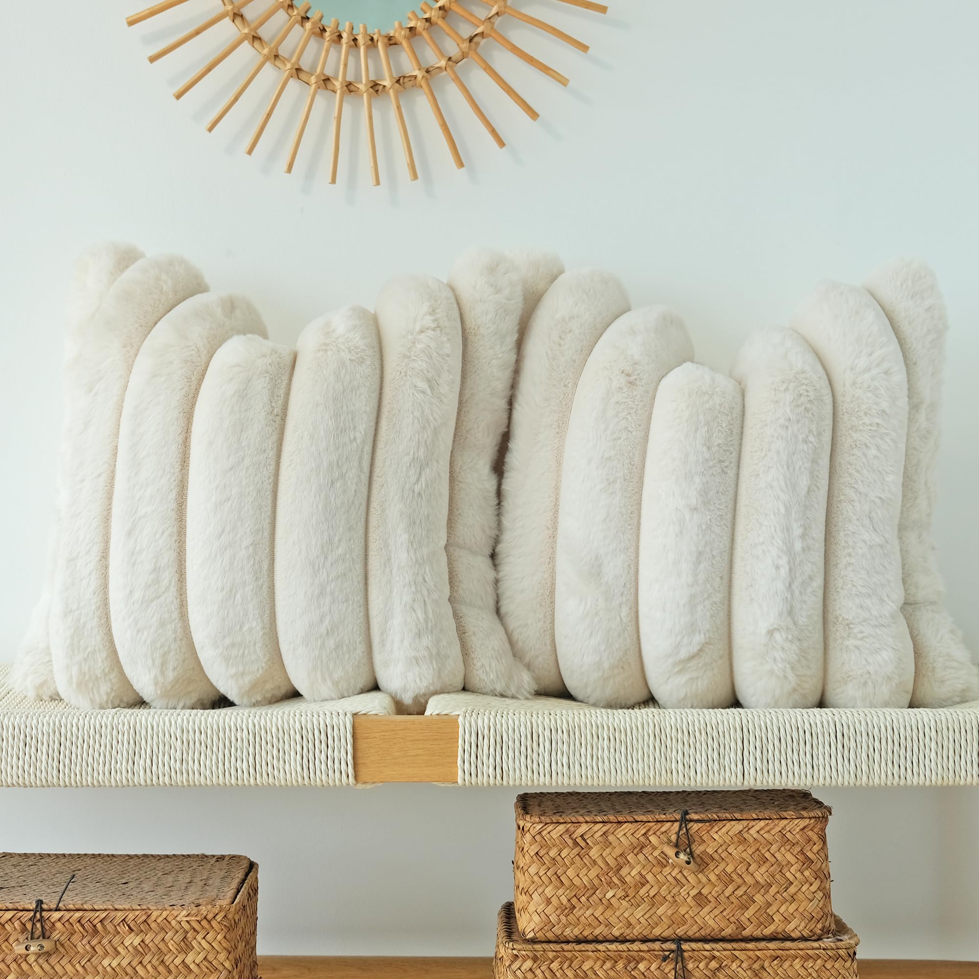 JOJUSIS Pack of 2 Faux Fur Plush Decorative Throw Pillow Covers Couch Cushion Case Soft Fluffy Pillowcases Wide Stripe (Beige, 2