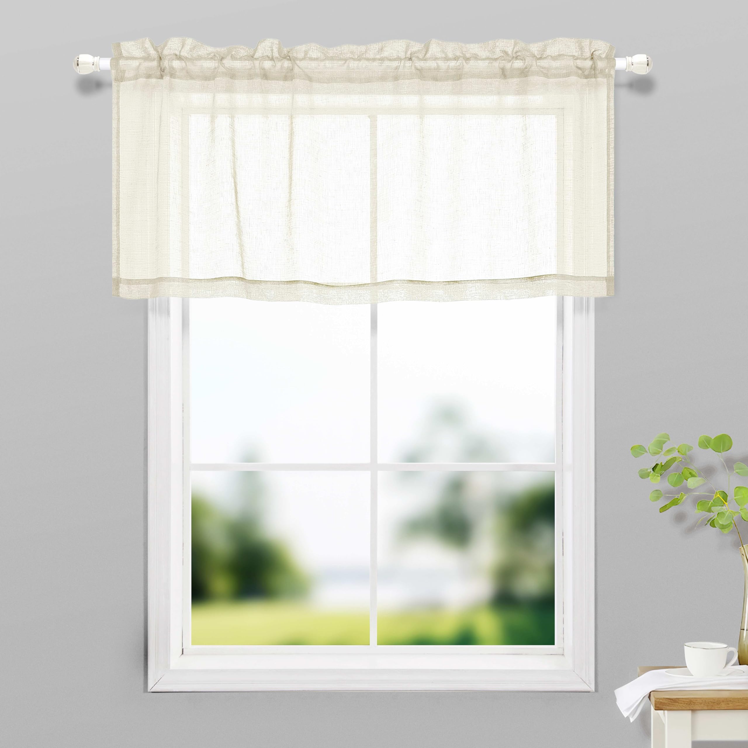 KOUFALL Beige Valances for Kitchen Farmhouse Boho Modern Pocket 1 Panel Faux Linen Texture Pretty Cute Curtain Sheer Valance for