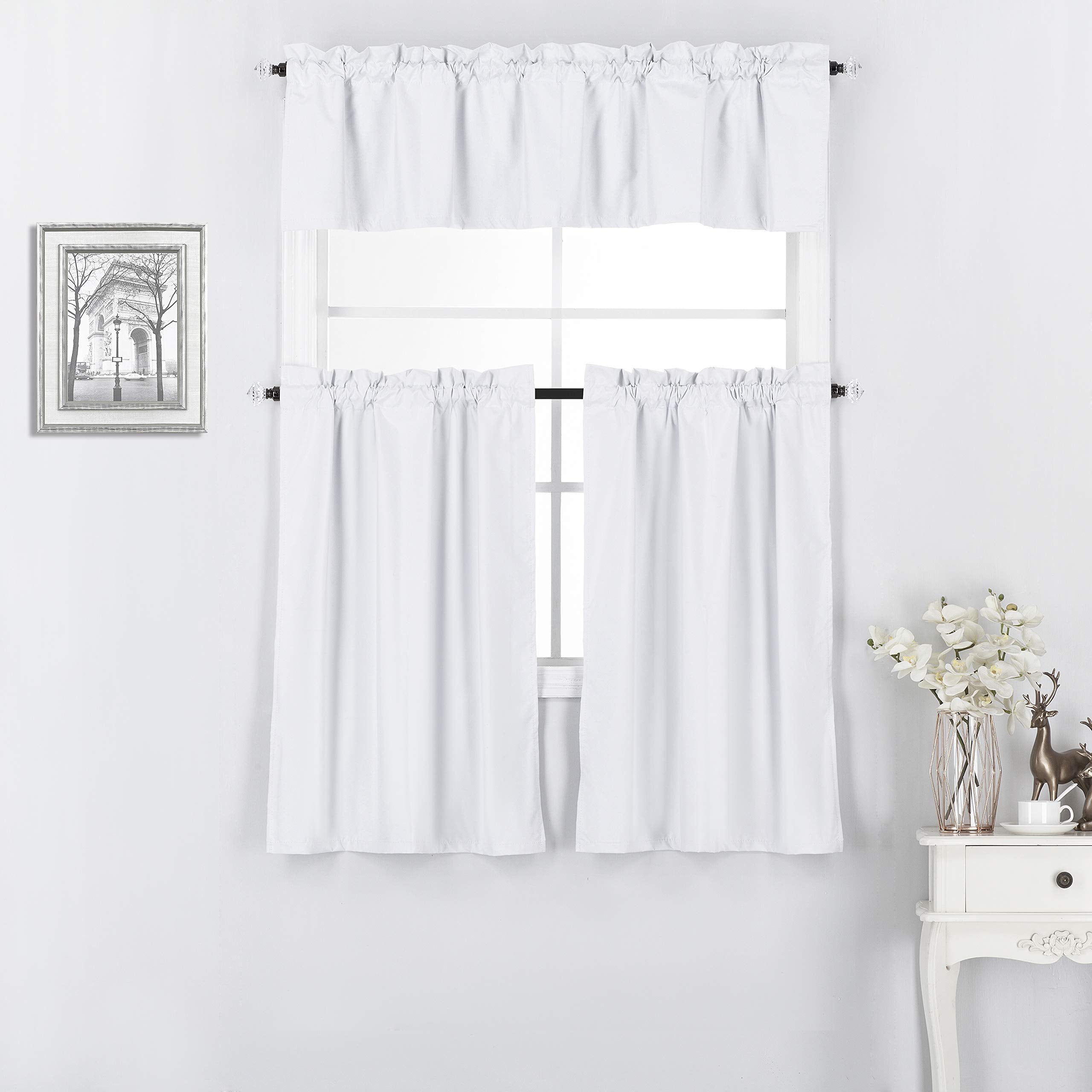Diamond Home Linens 3 Piece 100% Blackout Lined Thermal Kitchen Window Treatment Curtain Tiers and Valance Set (36 Tiers & 14 Va