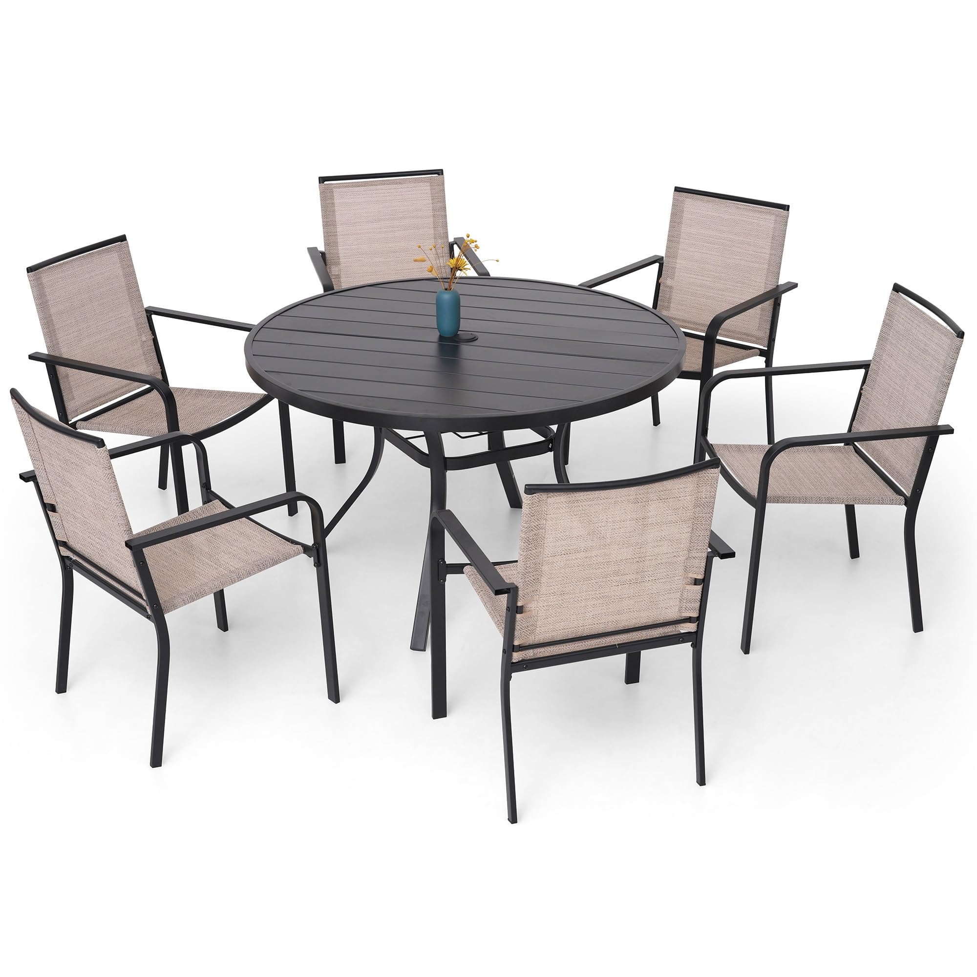 Anmutig 7-Piece Outdoor Dining Set, 48 ' ' Round Table With 6 Stackable Chairs All Weather Furniture Set - Beige Grey