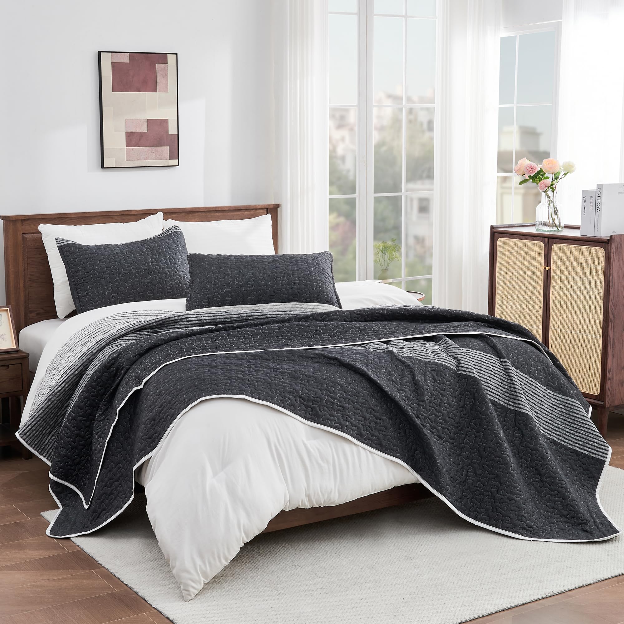 Andency Black Quilt Twin(68X86Inch), 2 Pieces (1 Striped Quilt And 1 Pillowcase) Black And White Patchwork Striped Bedspread Coverlet Set, Soft Microfiber Lightweight Quilted Bedding Set