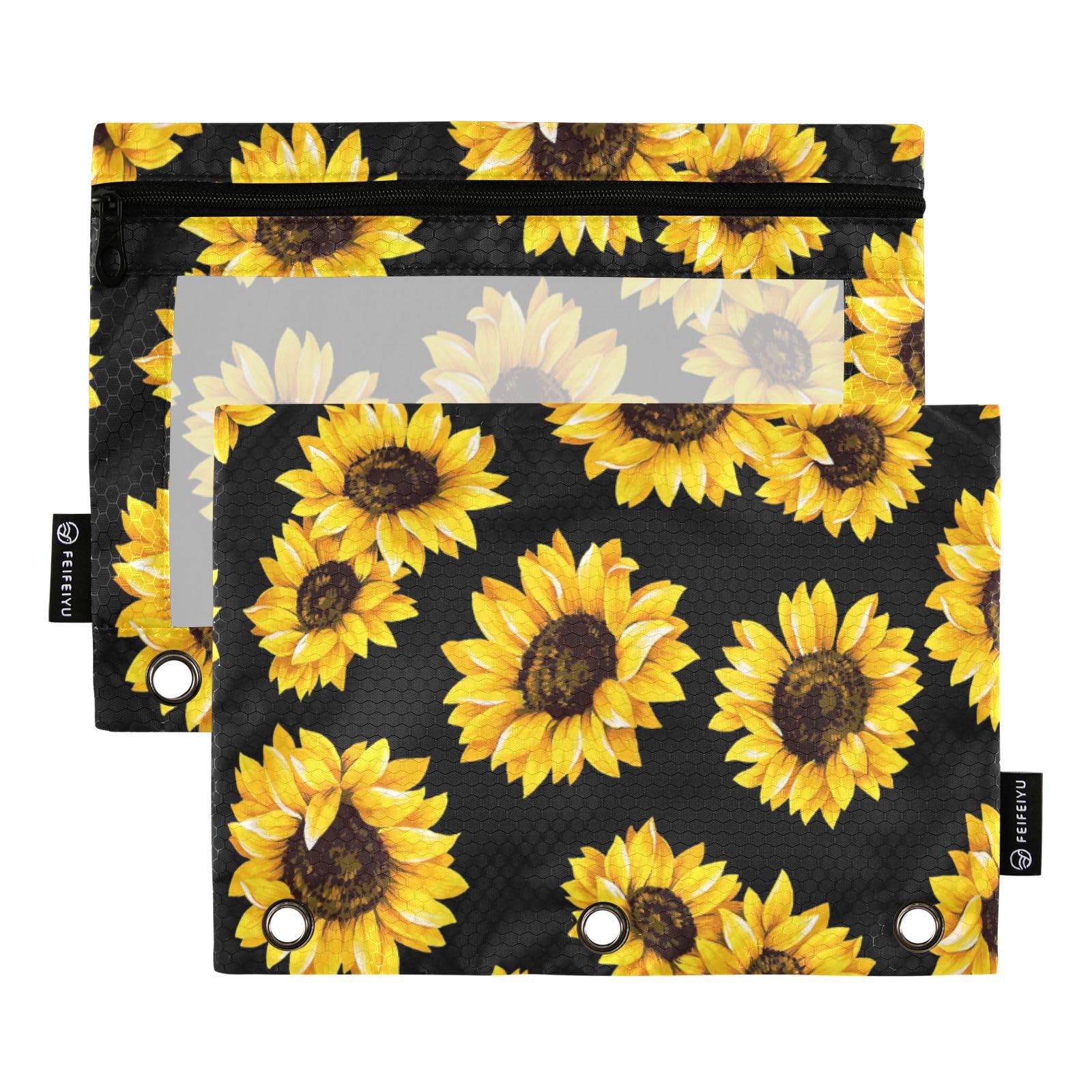 Kigai Cartoon Sunflower Binder Pencil Pouch 3 Ring,Zipper Pencil Case With Clear Window Pencil Pouch 2 Pack For School Classroom