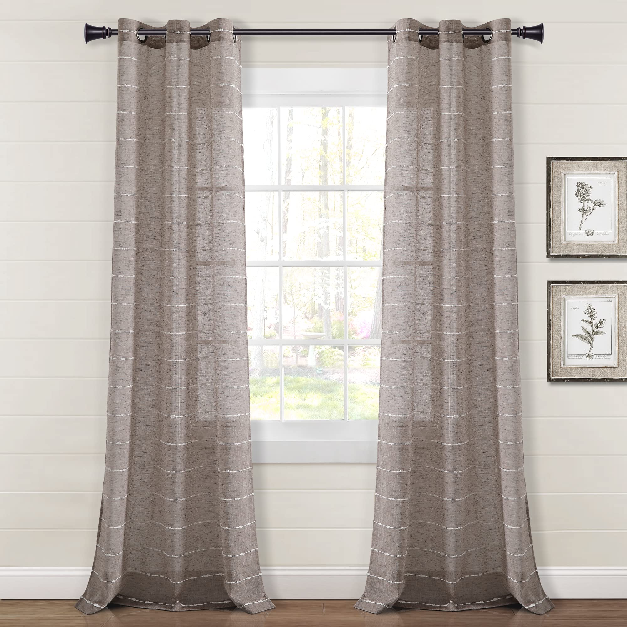 Lush Decor Farmhouse Textured Grommet Sheer Window Curtain Panel Pair, 38'W X 84'L, Brown