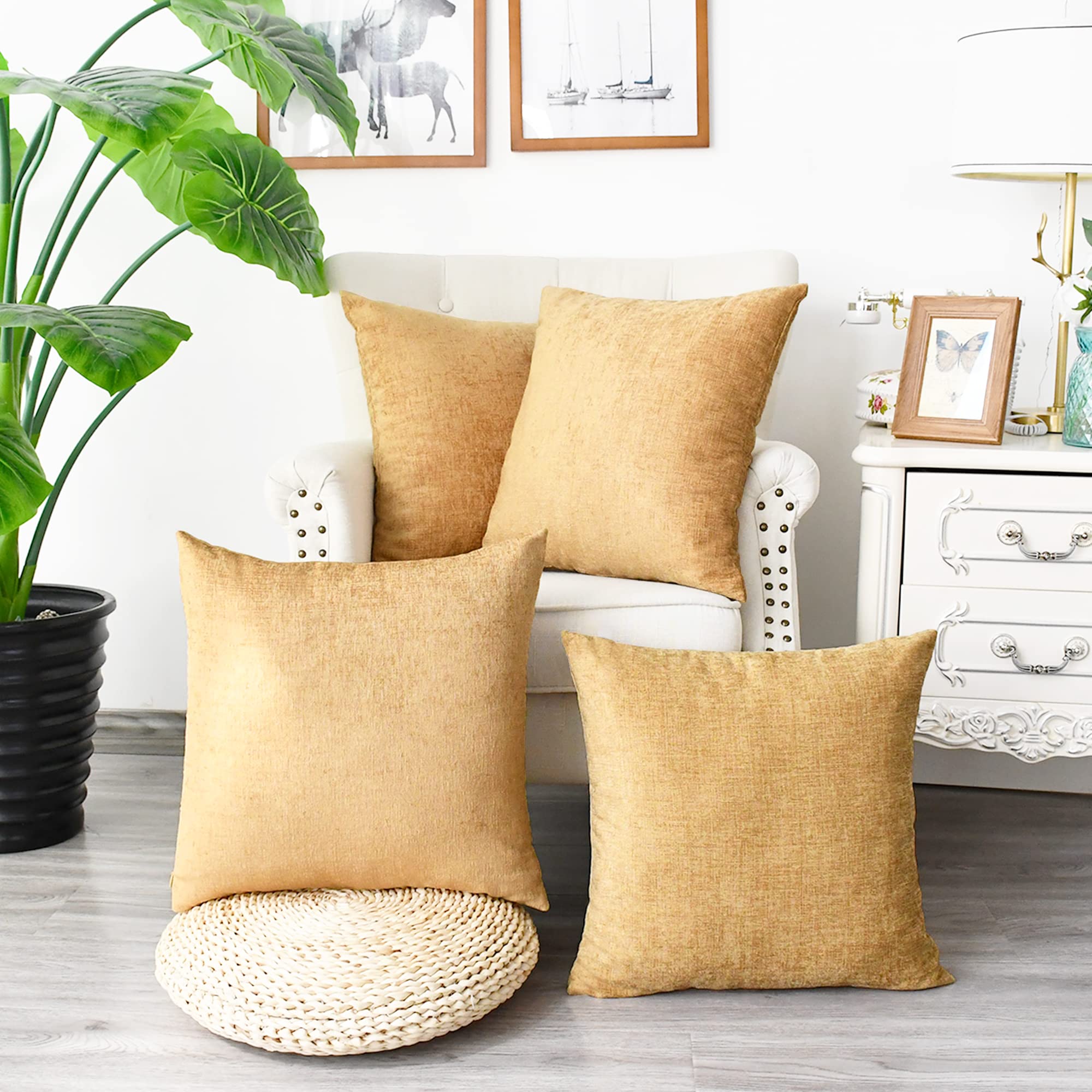 Calitime Pack Of 4 Cozy Throw Pillow Covers Cases For Couch Sofa Home Decoration Solid Dyed Soft Chenille 18 X 18 Inches Gold