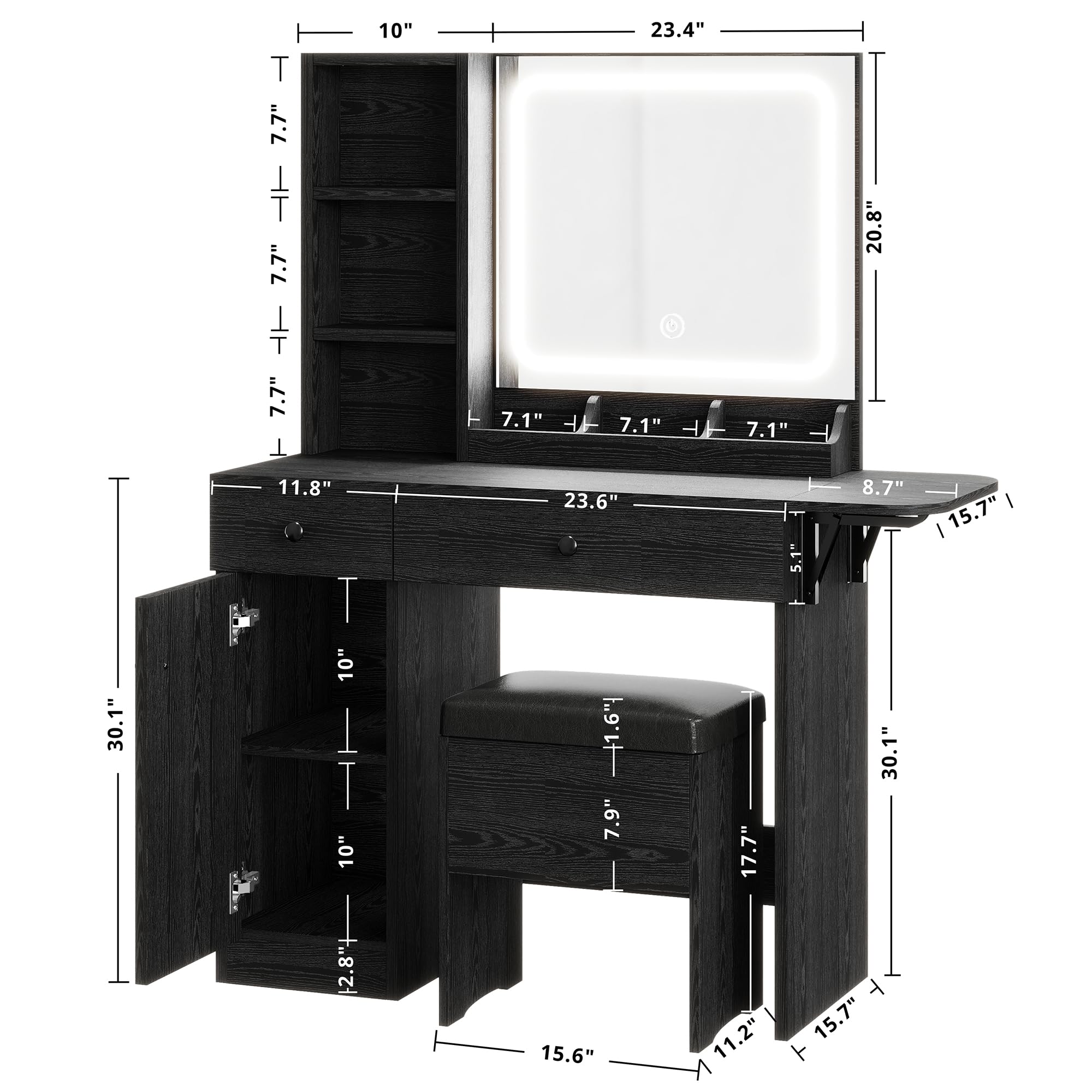Ironck Vanity Desk With Led Lighted Mirror & Power Outlet, Makeup Table With Drawers & Cabinet,Storage Stool,For Bedroom, Black