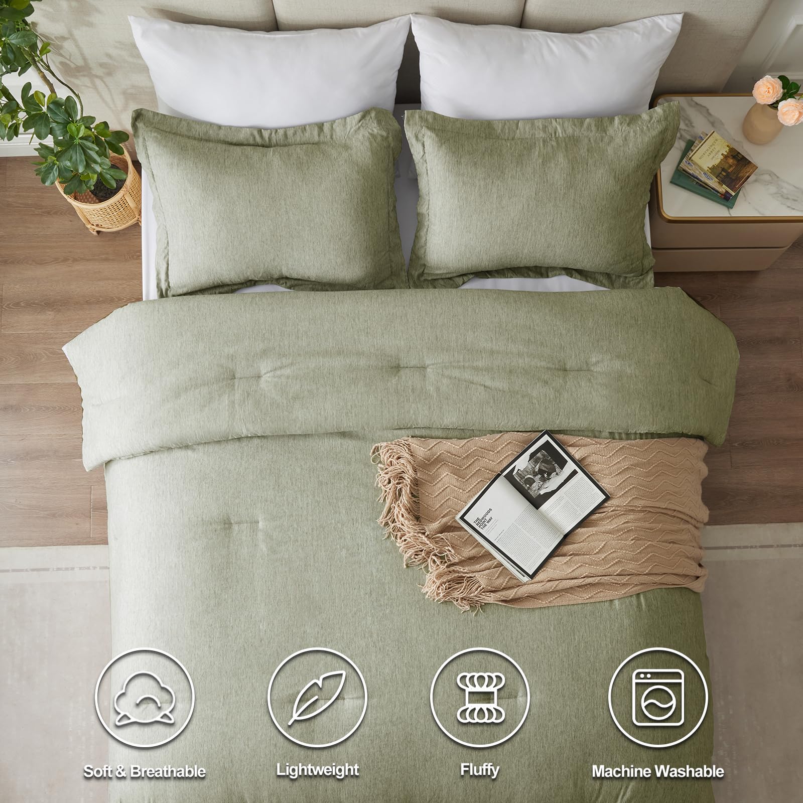 Cozylux Queen Size Comforter Set - 3 Pieces Olive Green Soft Luxury Cationic Dyeing Bedding Comforter For All Season, Breathable Lightweight Fluffy Boho Bed Sets With 1 Comforter And 2 Pillow Shams