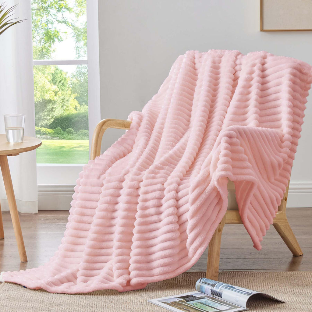 Bedelite Fleece Throw Blanket For Couch, 300Gsm Soft & Warm Fluffy Twin Blanket, Decorative And Giftable Striped Pink Blankets F