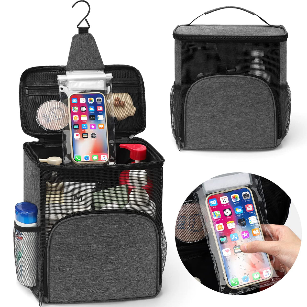 EIMMBD Portable Shower Caddy Bag, Hanging Mesh Shower Caddy with Phone Storage, Upgraded Toiletry Shower Tote for Gym Travel Cam