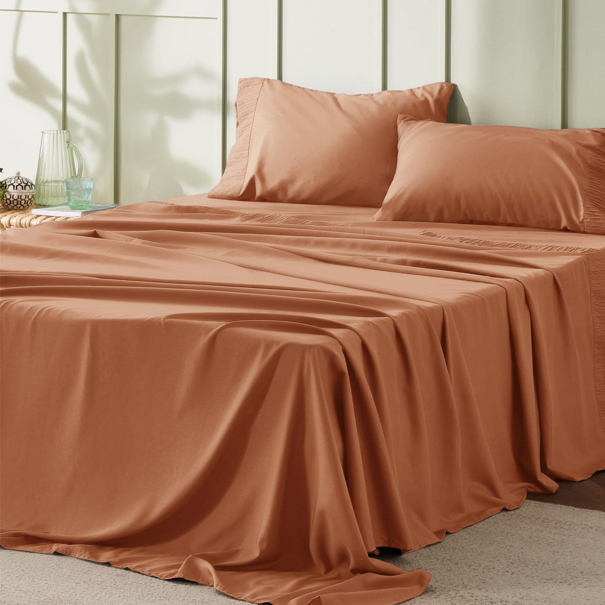 Bedsure Queen Sheet Set - Soft Sheets For Queen Size Bed, 4 Pieces Hotel Luxury Burnt Orange Queen Sheets, Easy Care Polyester M
