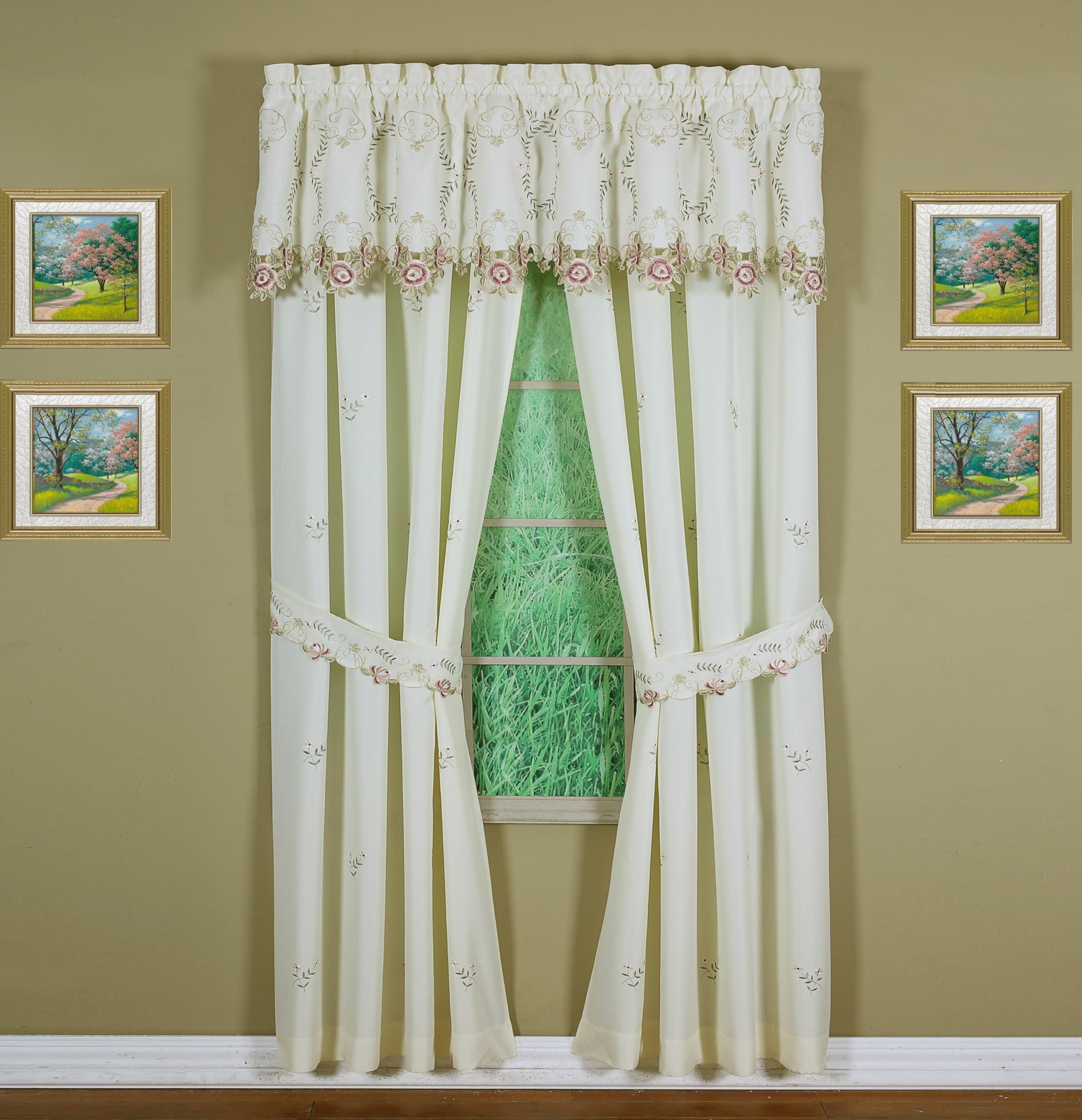 Today'S Curtain Verona Reverse Embroidery Panel Pair And Tiebacks, 84', Ecru/Rose