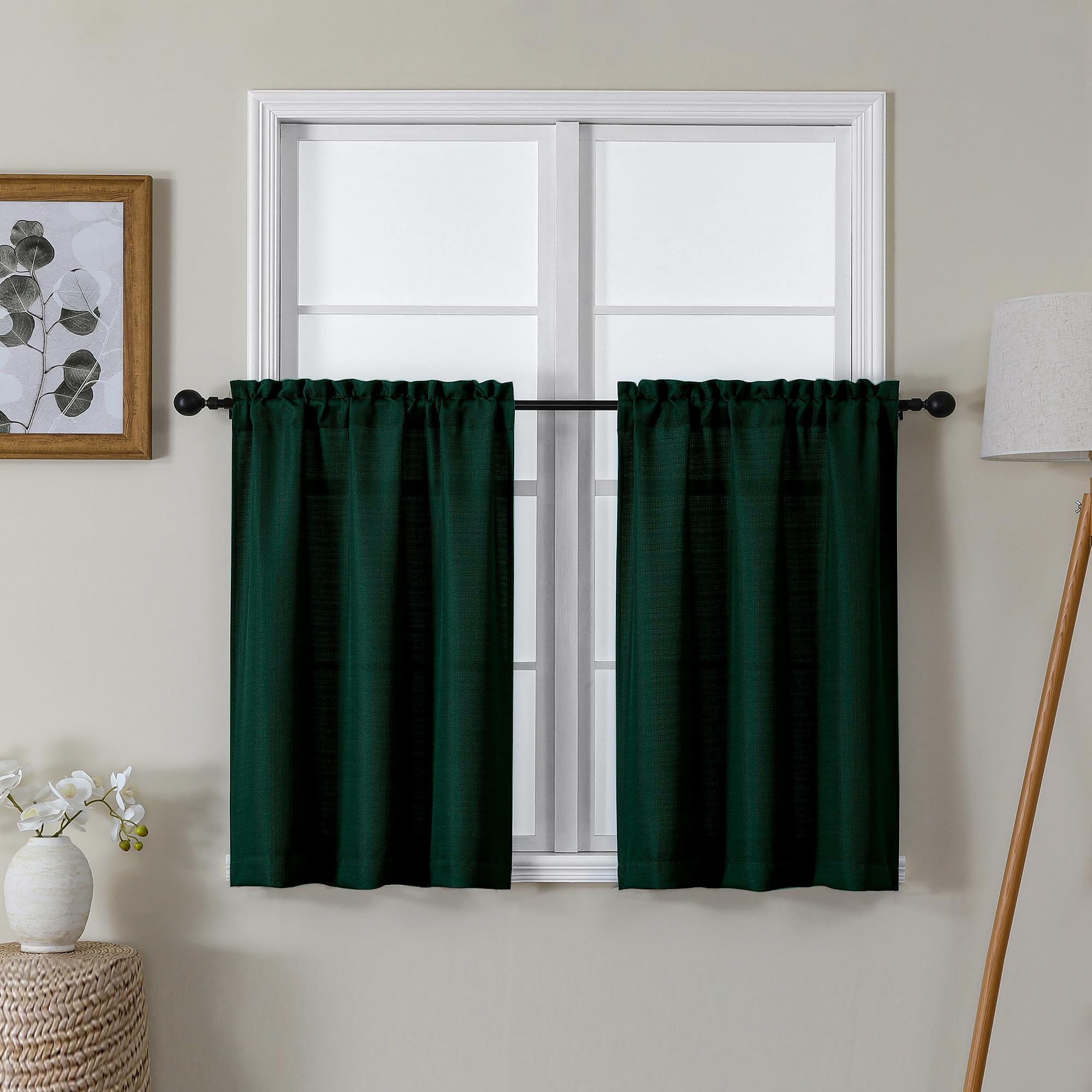 Lecloud Bessie Hunter Green Kitchen Curtains 30 Inch Length 2 Panels, Classic Faux Linen Cafe Short Curtains, Rustic Airy Tiers 