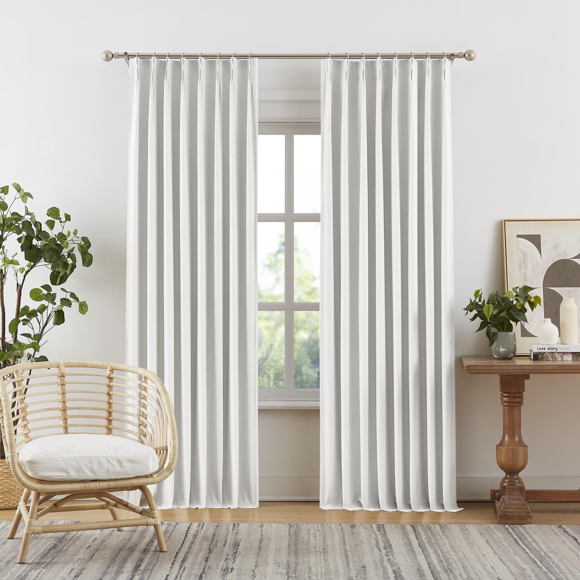 Greyish White Linen Blended Pinch Pleated Blackout Curtains & Drapes 95 Inch Long 2 Panel Sets, Accordion Style Track Room Darke