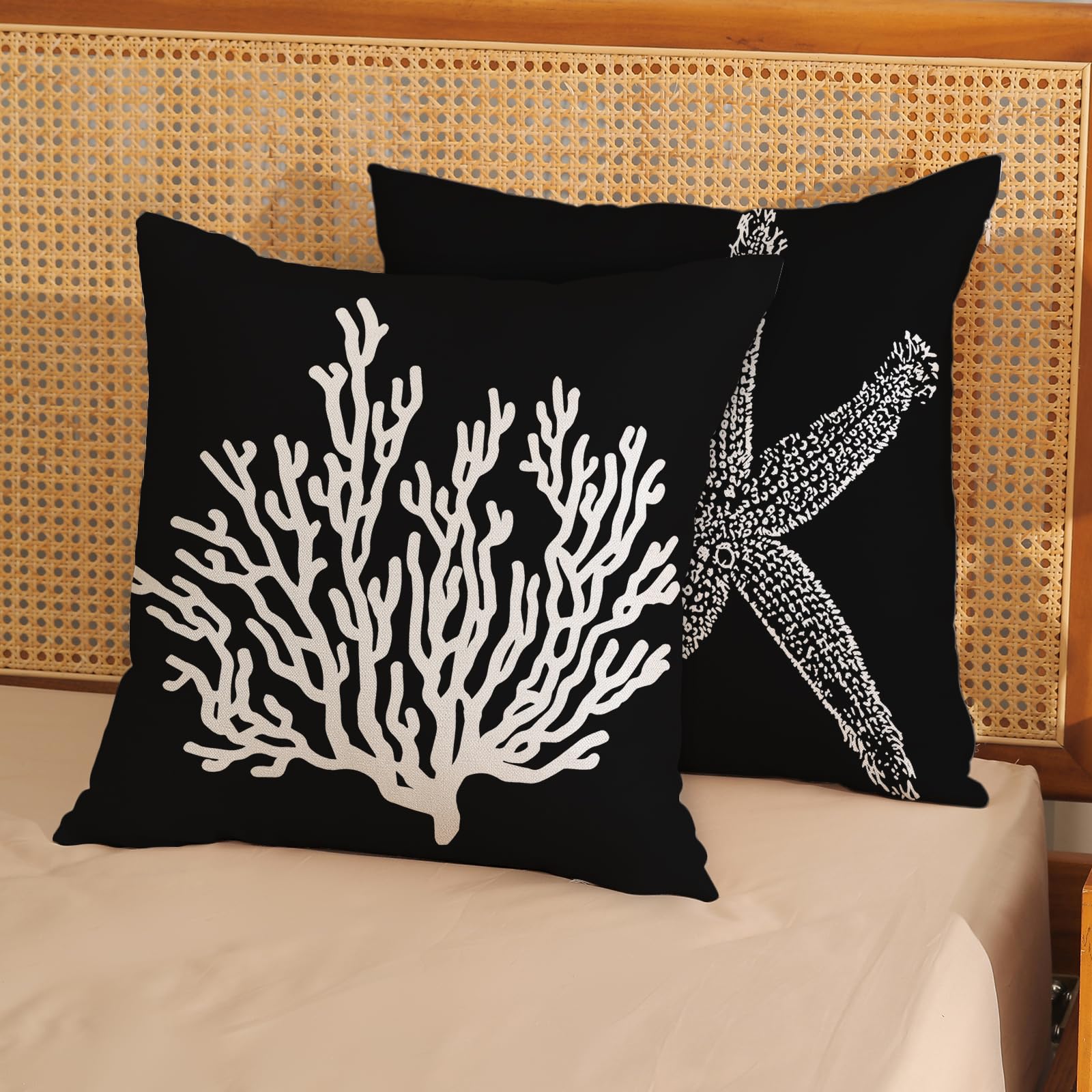 Golianda Coastal Pillow Covers 18X18 Set Of 2 Black Starfish Throw Pillows Nautical Ocean Decorations Summer Beach Coral Pillowc
