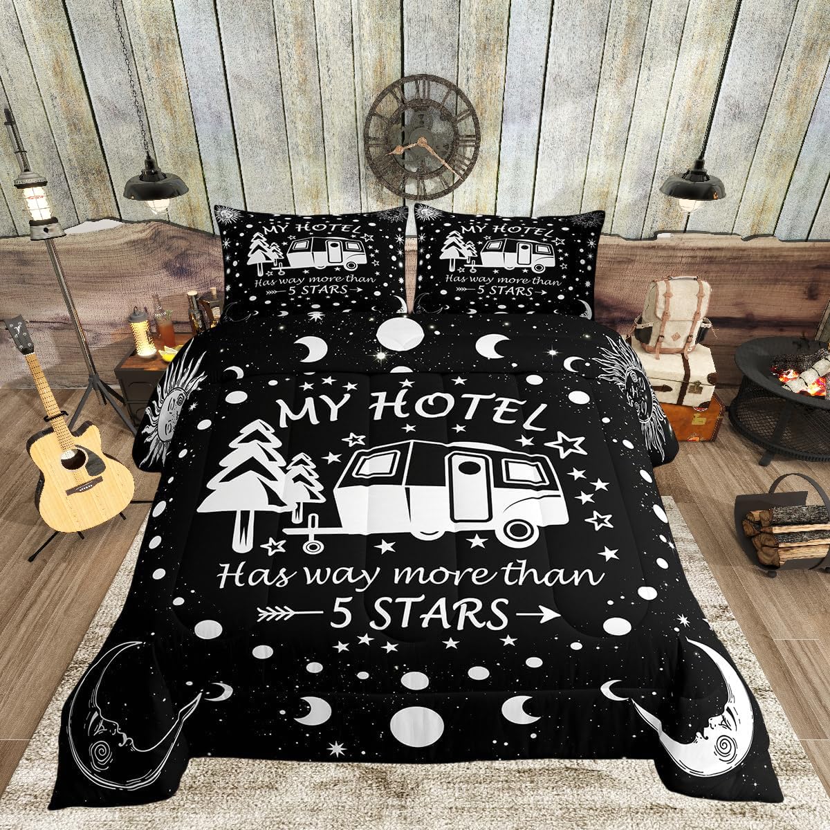 Happy Camping Comforter Set Queen Size,Camper Rv Trailer Decor Bedding Set 3Pcs For Kids Boys Girls Adults,Sun Moon Starry Sky R