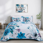 Drucon Floral Quilt Set King 3 Pieces Boho Blue Floral Quilt Coverlet Set Soft Microfiber Lightweight Blue Quilted Bedspread for