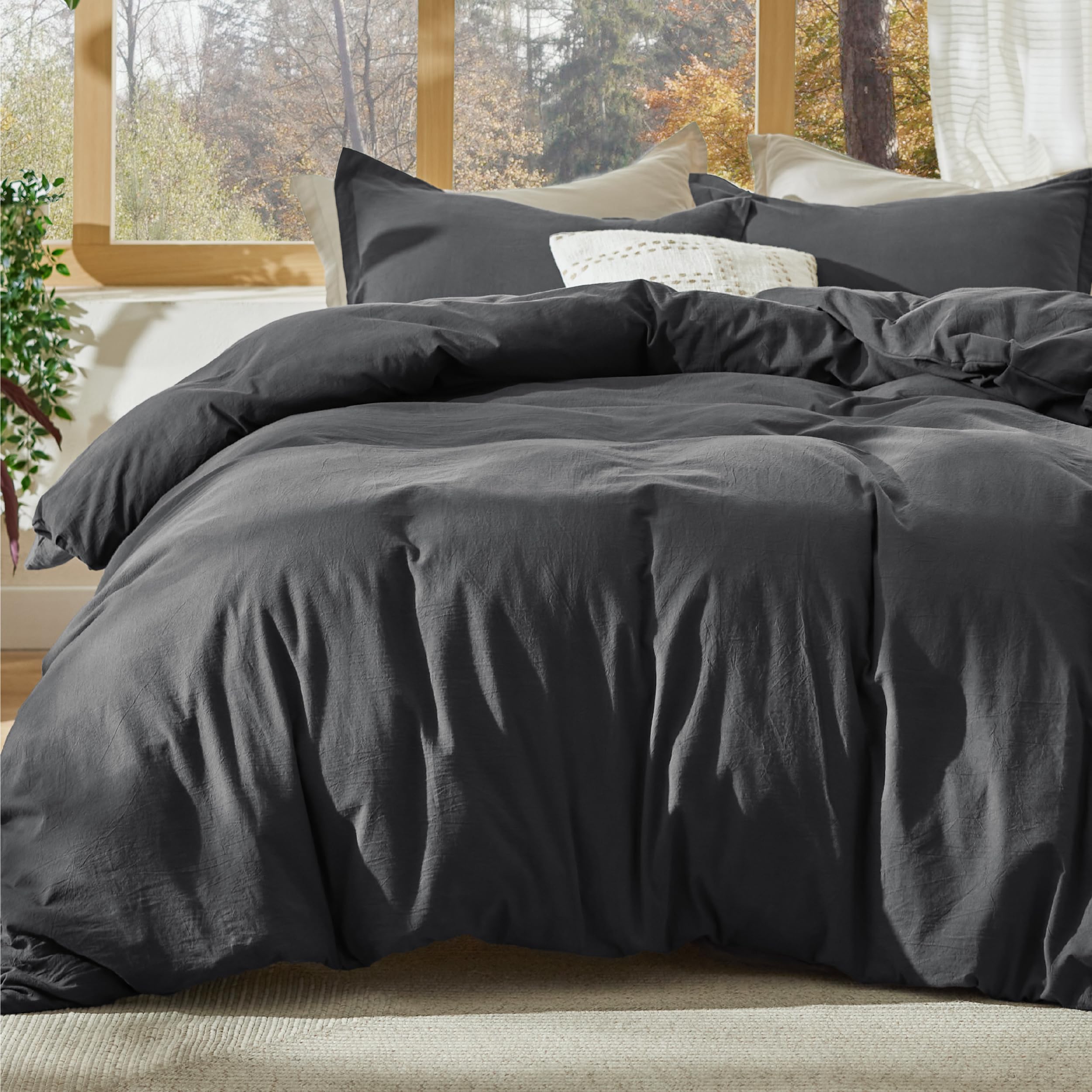 Bedsure 100% Stone Washed Cotton Duvet Cover Queen - Charcoal Minimalist Cotton Duvet Cover Linen Like - 3 Pieces Gentlesoft™ Plain Simple Bedding Set With 2 Pillow Shams (Charcoal, Queen, 90'X90')