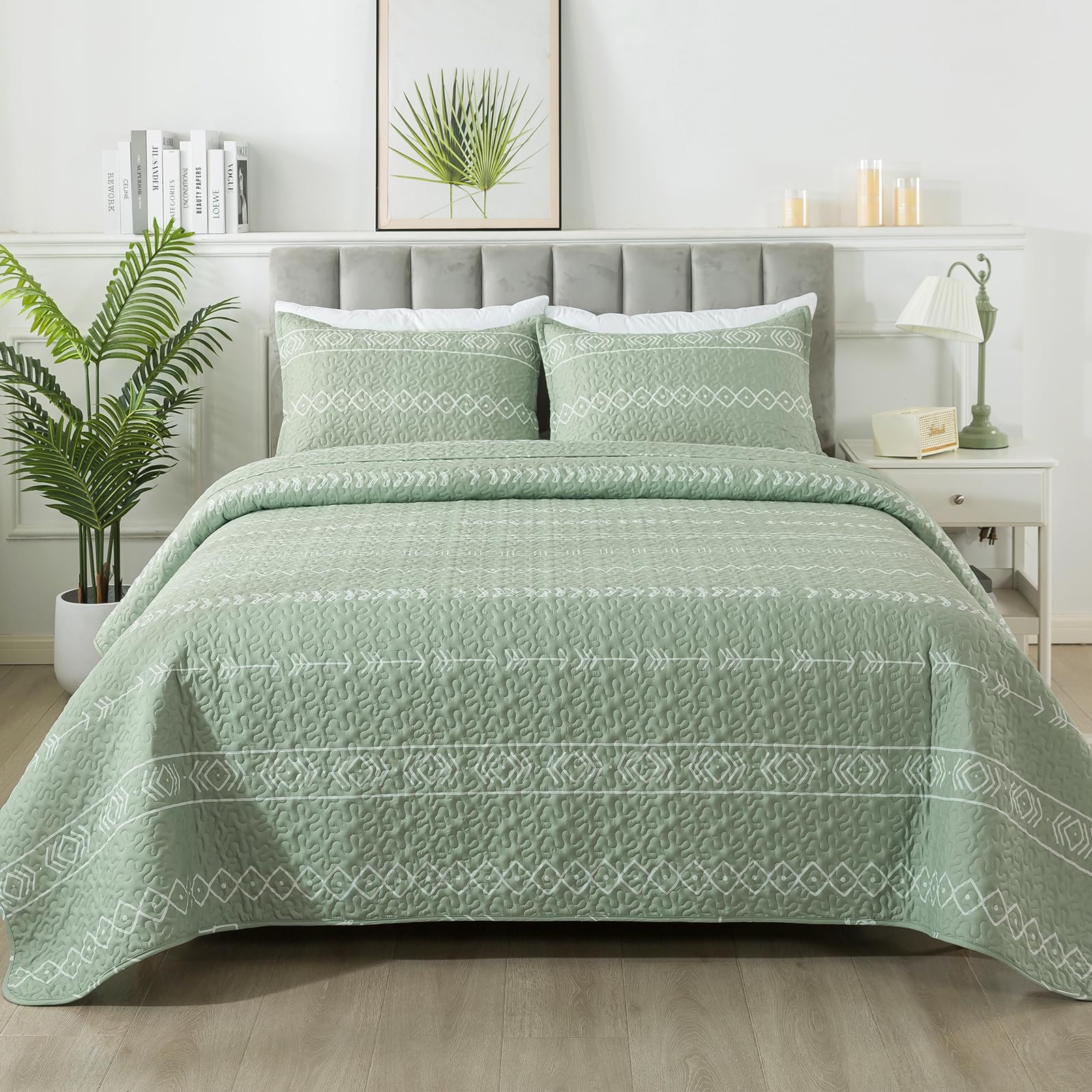 Andency Sage Green Quilt Set Queen (90X96 Inch), 3 Pieces(1 Striped Triangle Printed Quilt And 2 Pillowcases), Bohemian Summer L