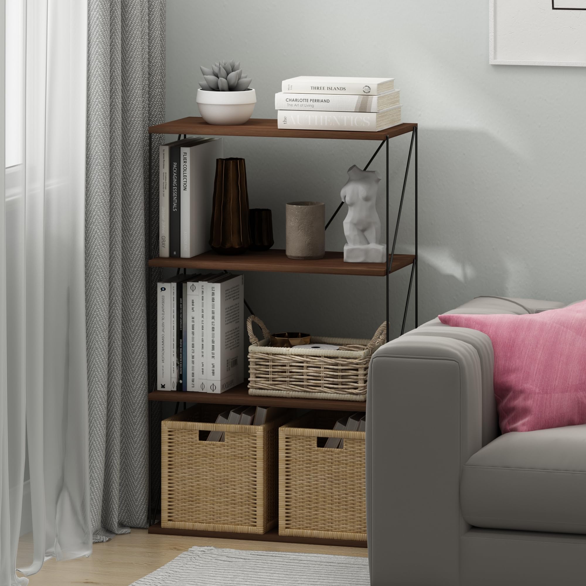 Furinno Rata 4-Tier Industrial Multipurpose Flat Base Shelf Display Rack with Metal Frame, Columbia Walnut