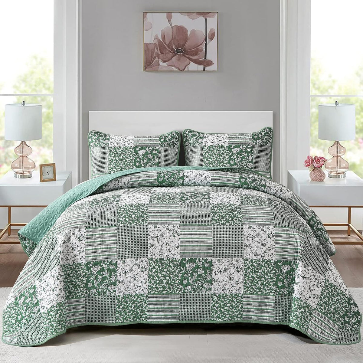 Mybedsoul Green Quilt Set Full Size, 3 Pieces Plaid Floral Bedspread Set Patchwork Reversible Bedding Set Microfiber Lightweight