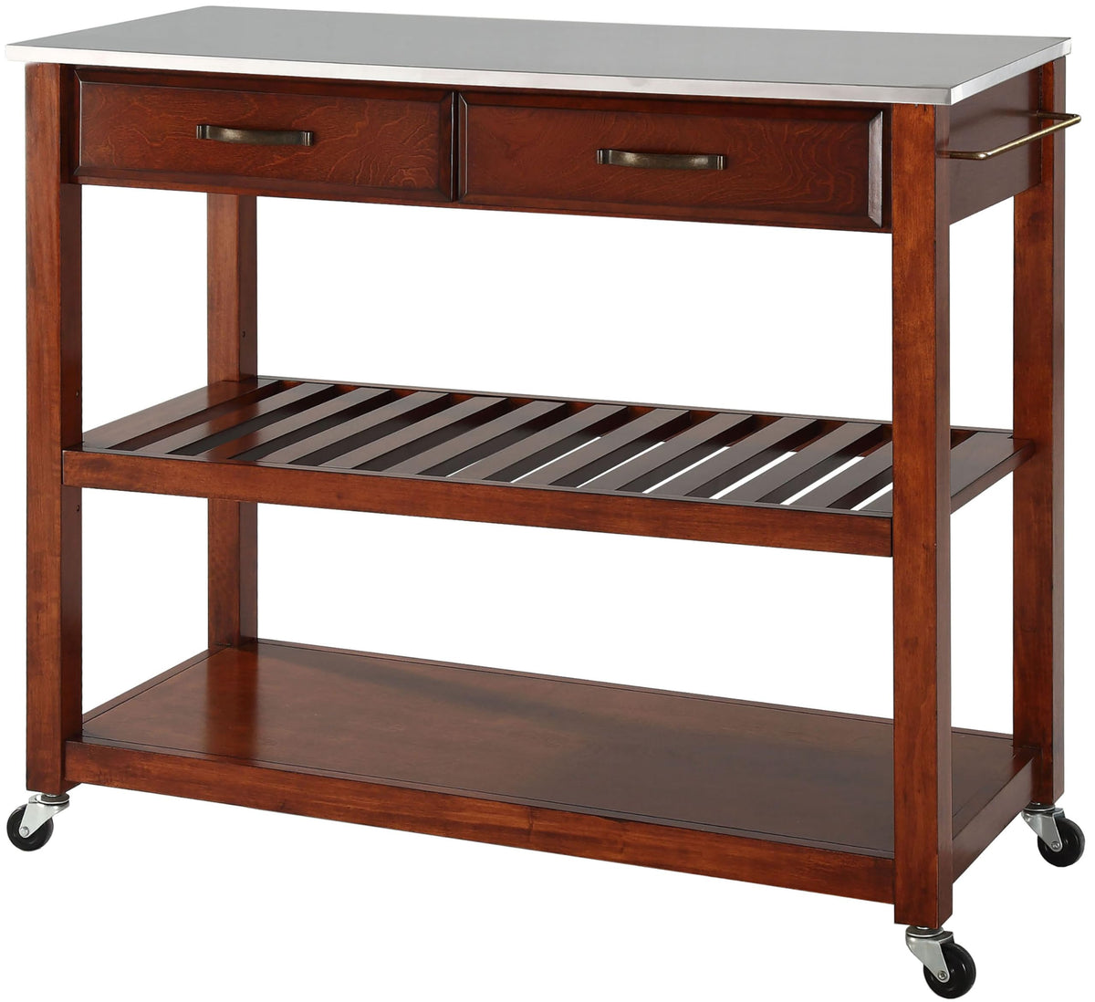 Crosley Furniture Stainless Steel Top Kitchen Prep Rolling Cart, Microwave Stand, Coffee Bar, With Shelves, Cherry