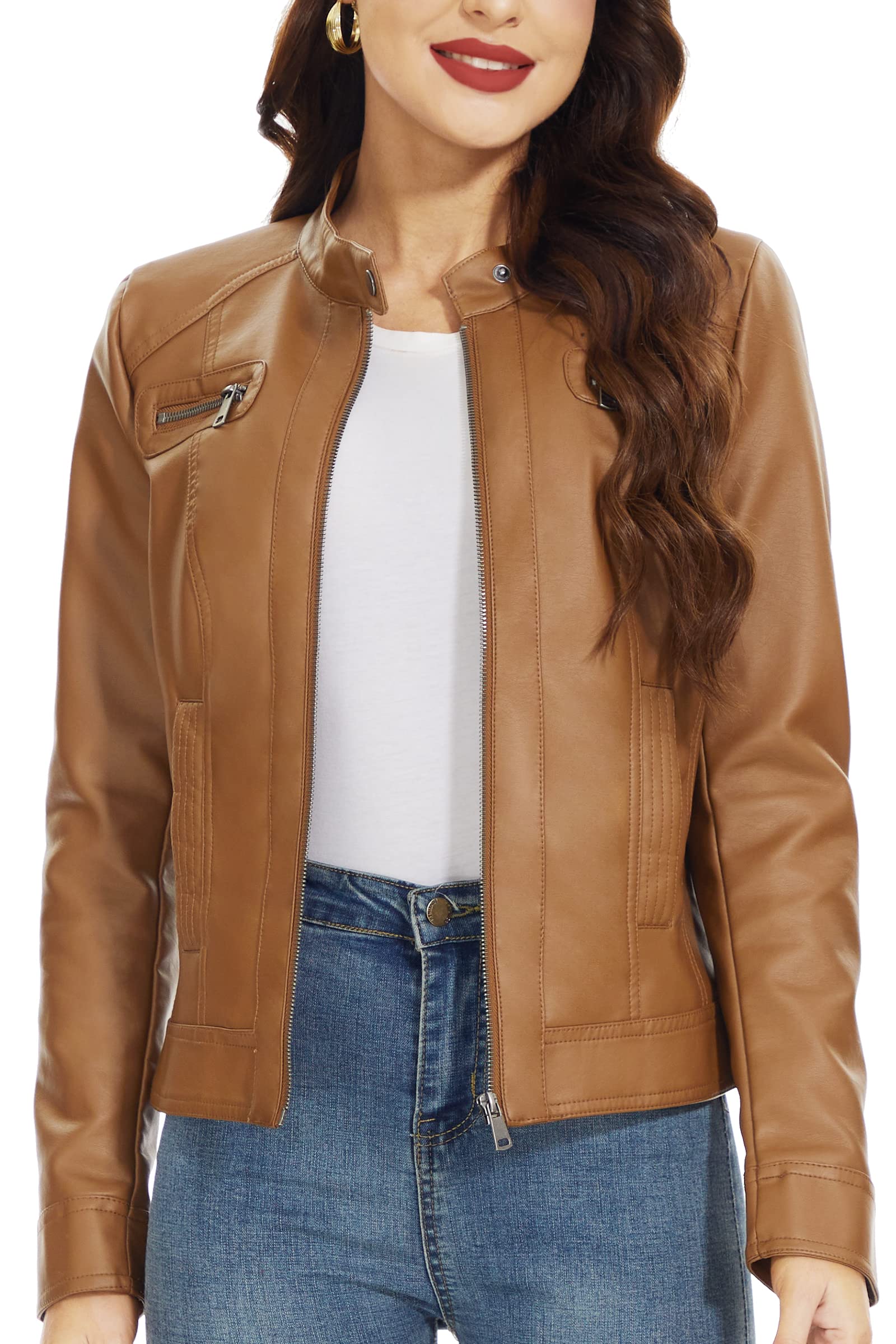 Fahsyee Womens Faux Leather Jackets, Zip Up Motorcycle Short Pu Moto Biker Outwear Fitted Slim Coat Size M Camel